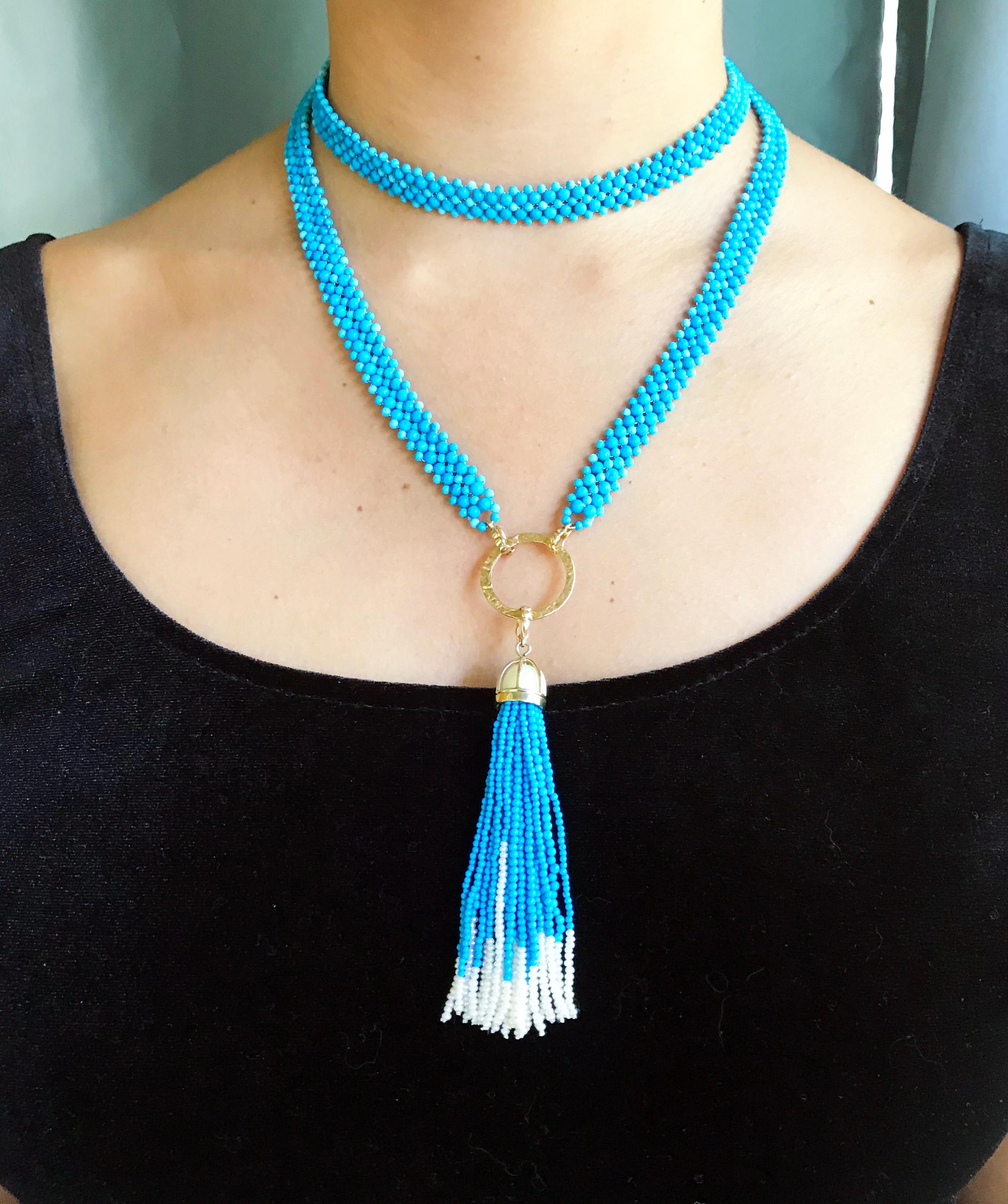 Marina J Woven Turquoise beads Sautoir with Pearls and tassel & 14K Yellow Gold  For Sale 5