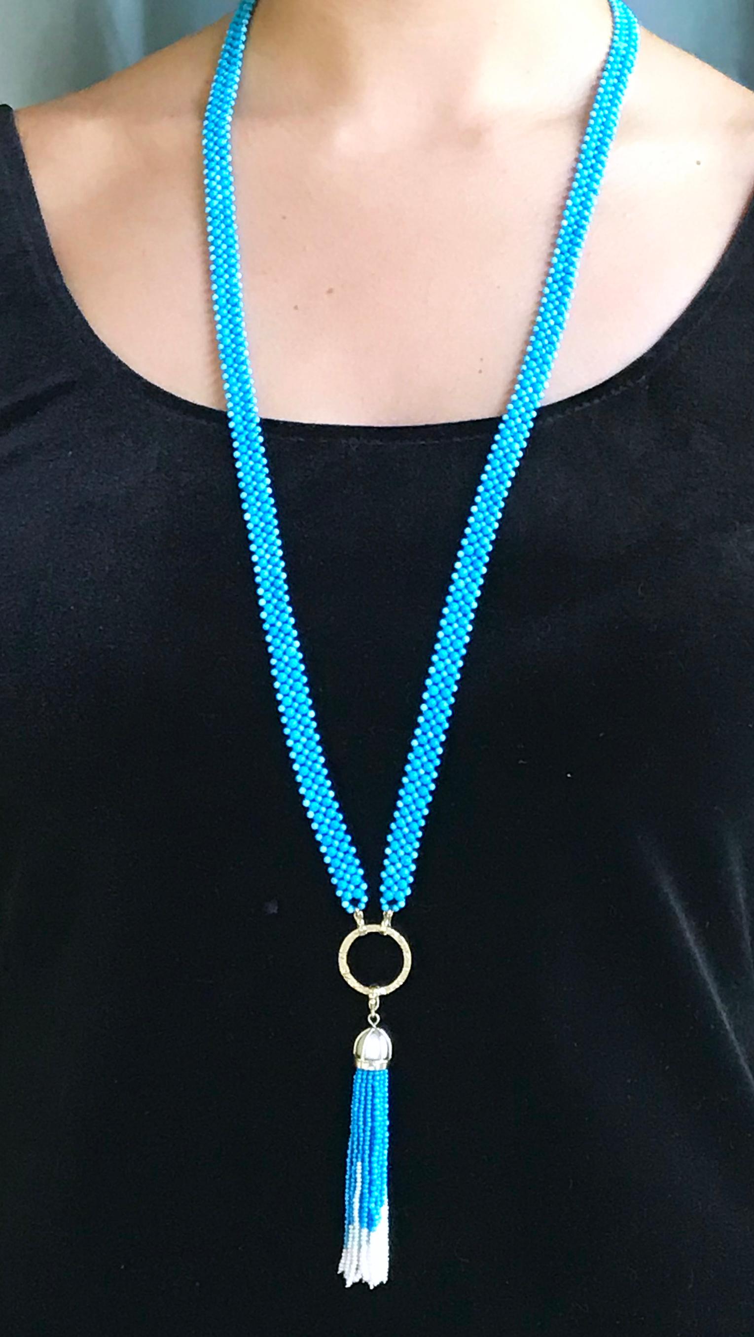 Marina J Woven Turquoise beads Sautoir with Pearls and tassel & 14K Yellow Gold  For Sale 6