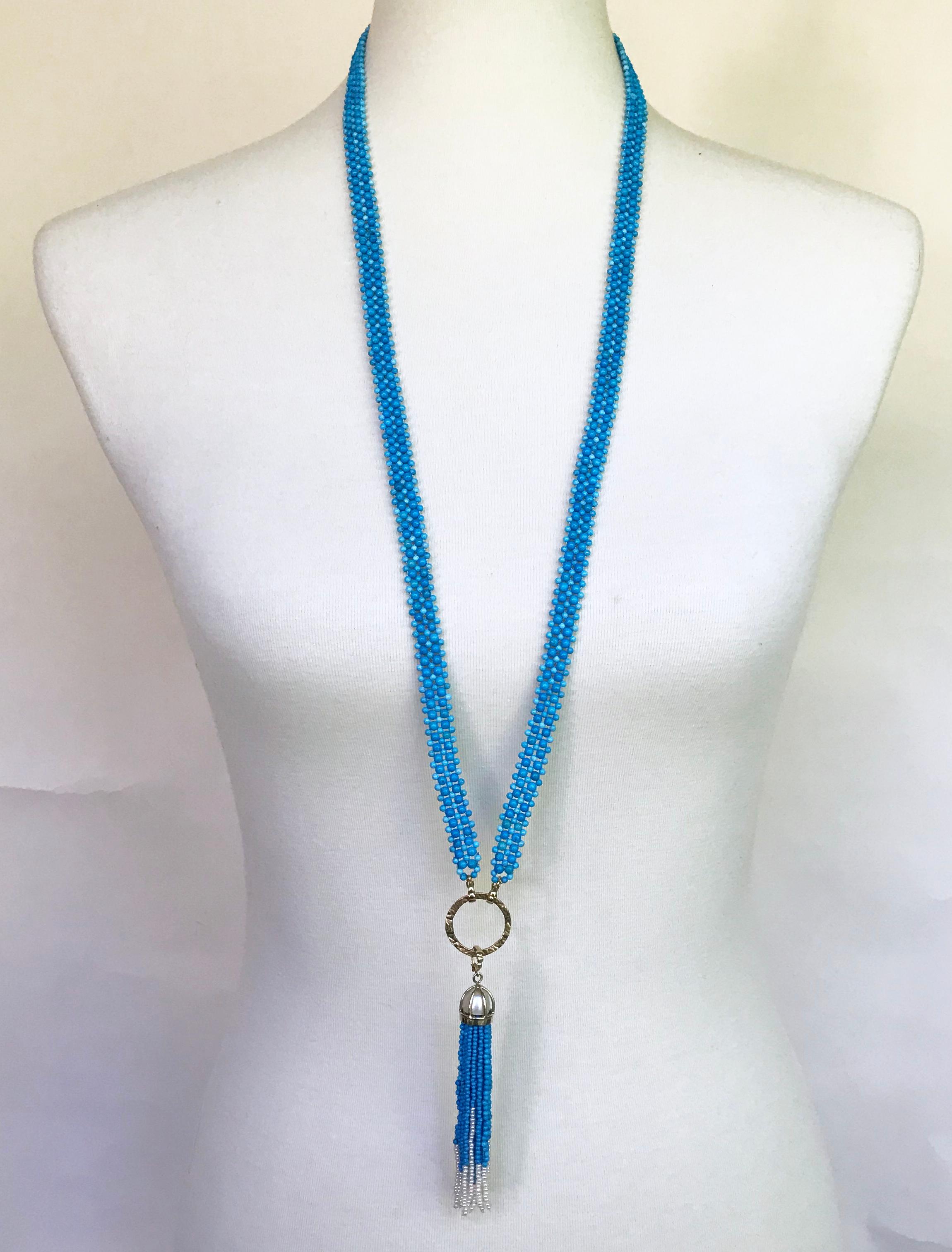 Artista Marina J. Perline turchesi intrecciate Sautoir con perle e nappina e oro giallo 14K in vendita