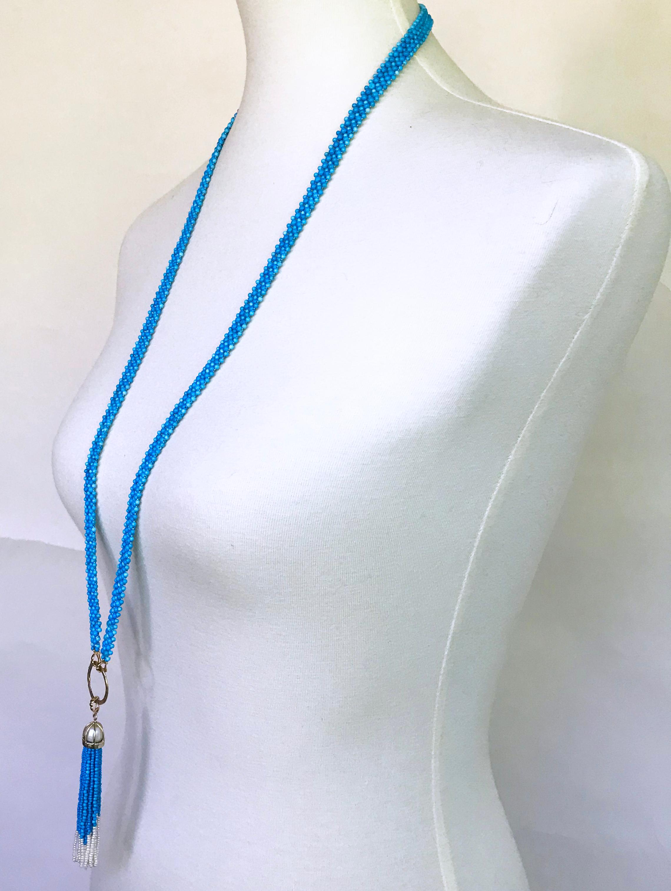 Artist Marina J Woven Turquoise beads Sautoir with Pearls and tassel & 14K Yellow Gold  For Sale