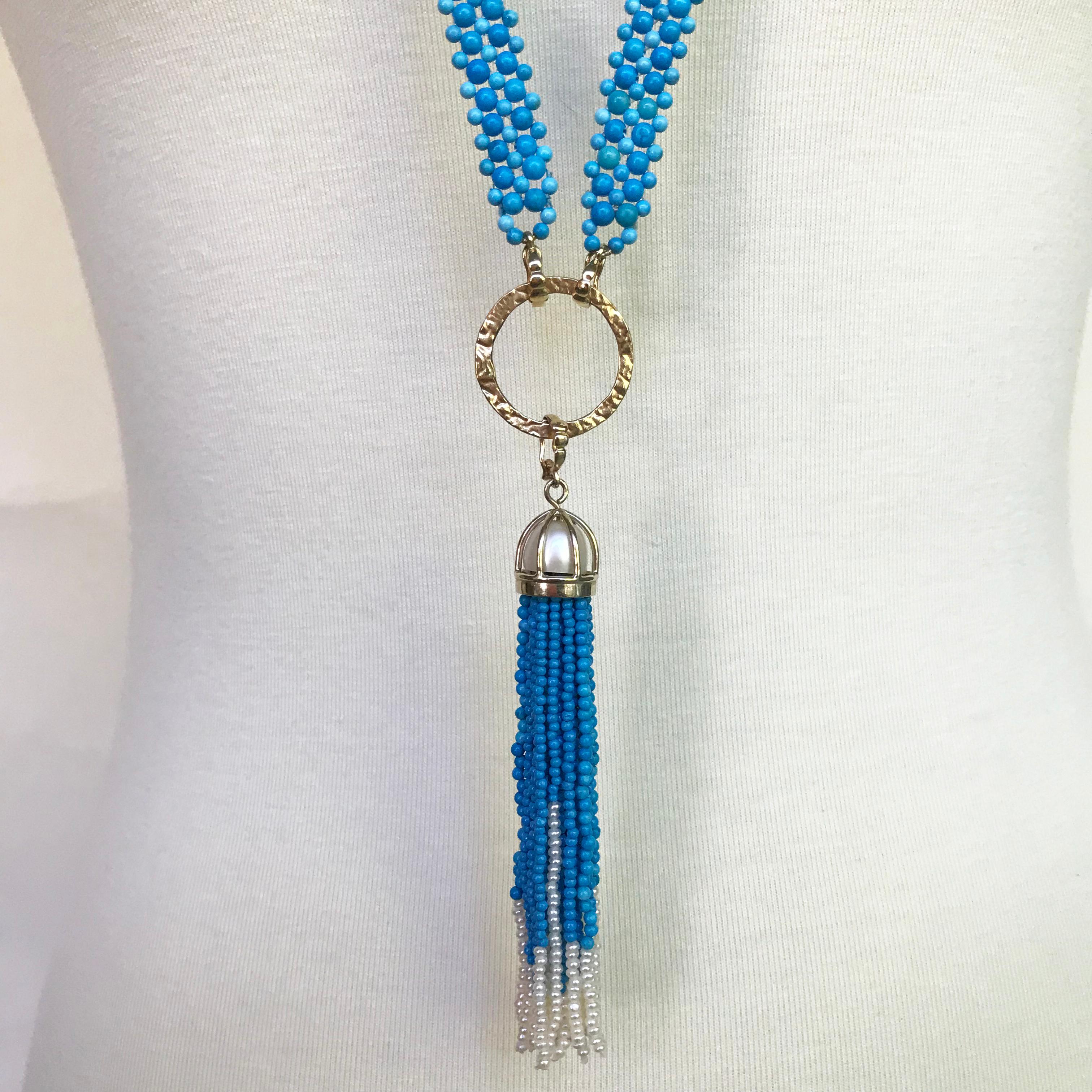 Women's Marina J Woven Turquoise beads Sautoir with Pearls and tassel & 14K Yellow Gold  For Sale