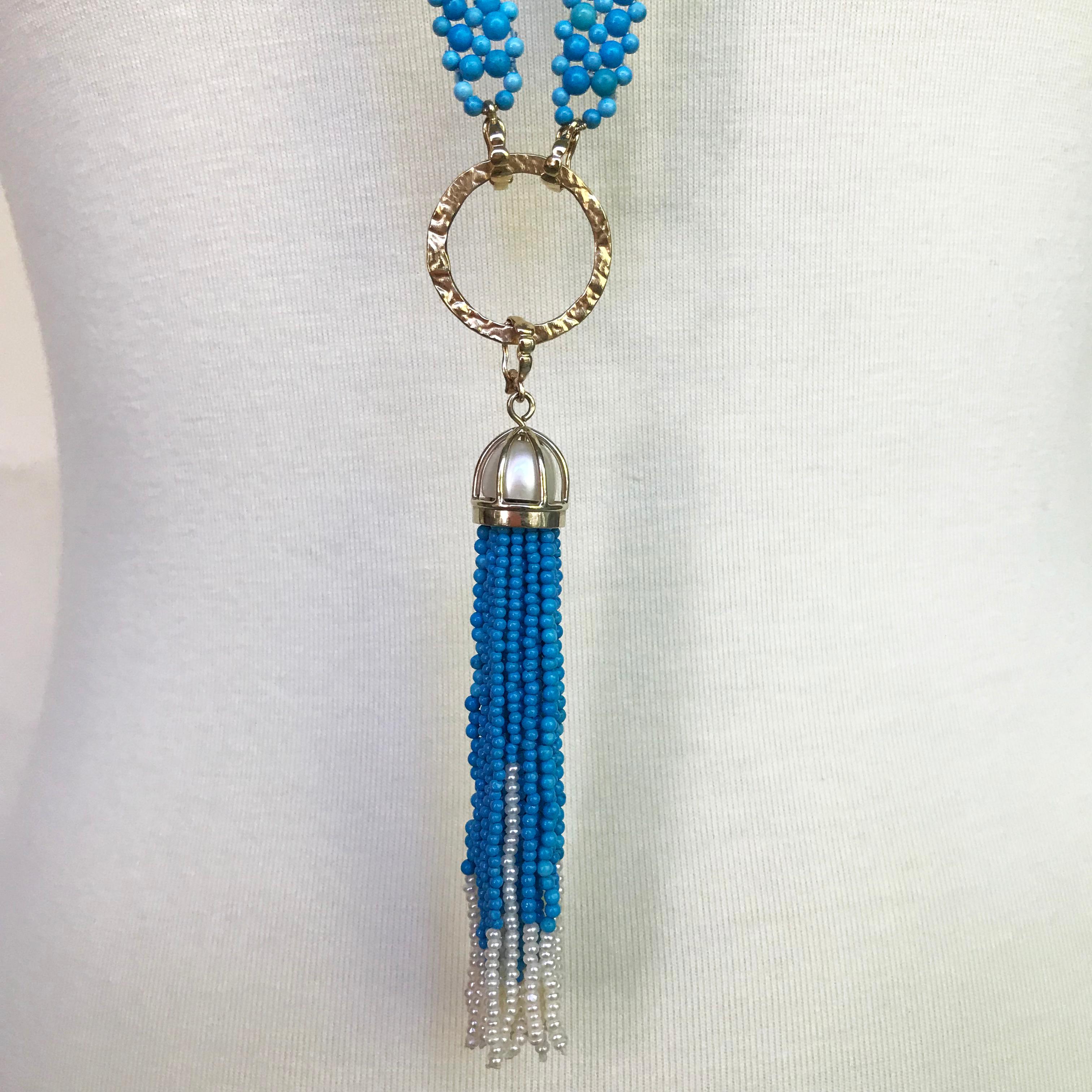Marina J. Perline turchesi intrecciate Sautoir con perle e nappina e oro giallo 14K in vendita 2