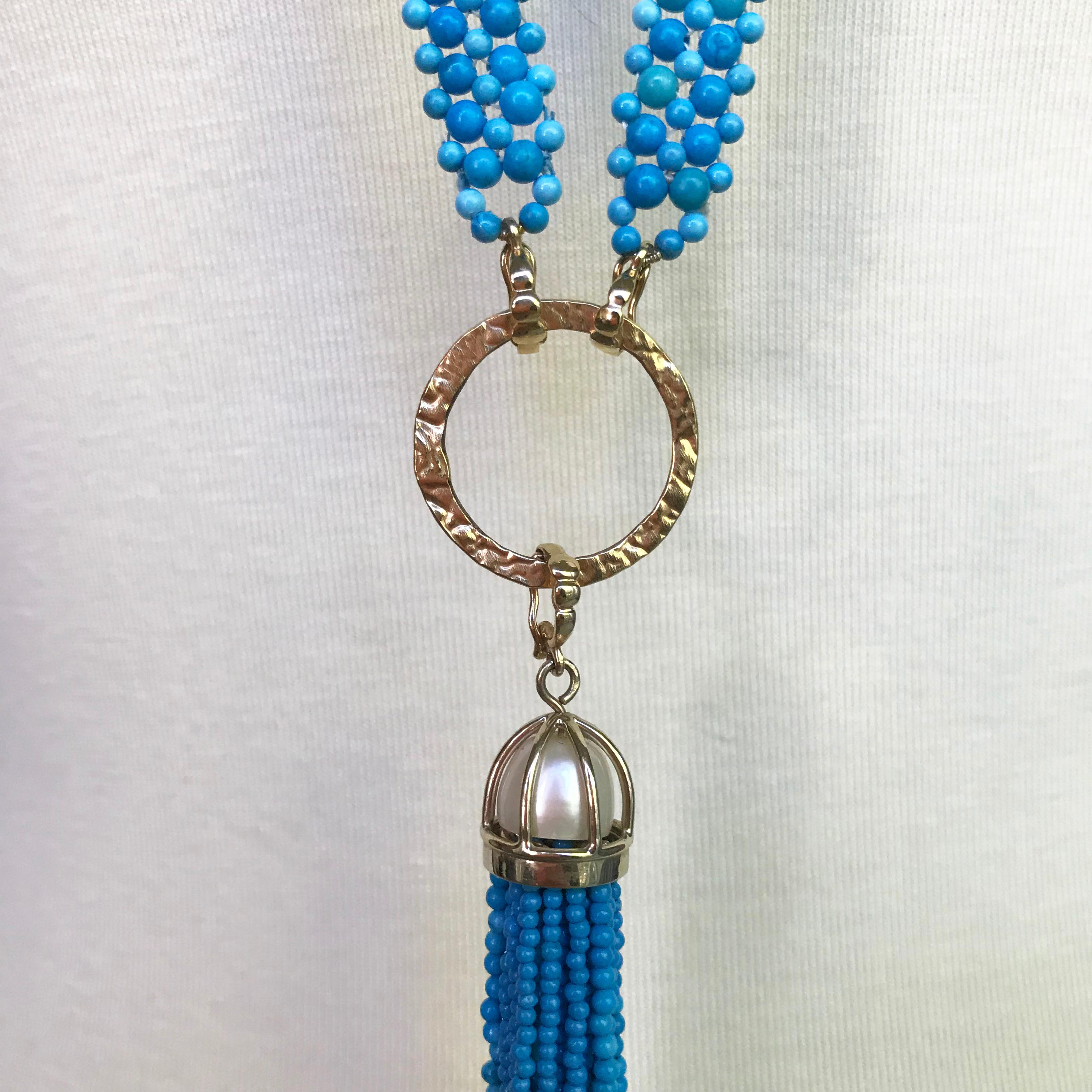 Marina J Woven Turquoise beads Sautoir with Pearls and tassel & 14K Yellow Gold  For Sale 2