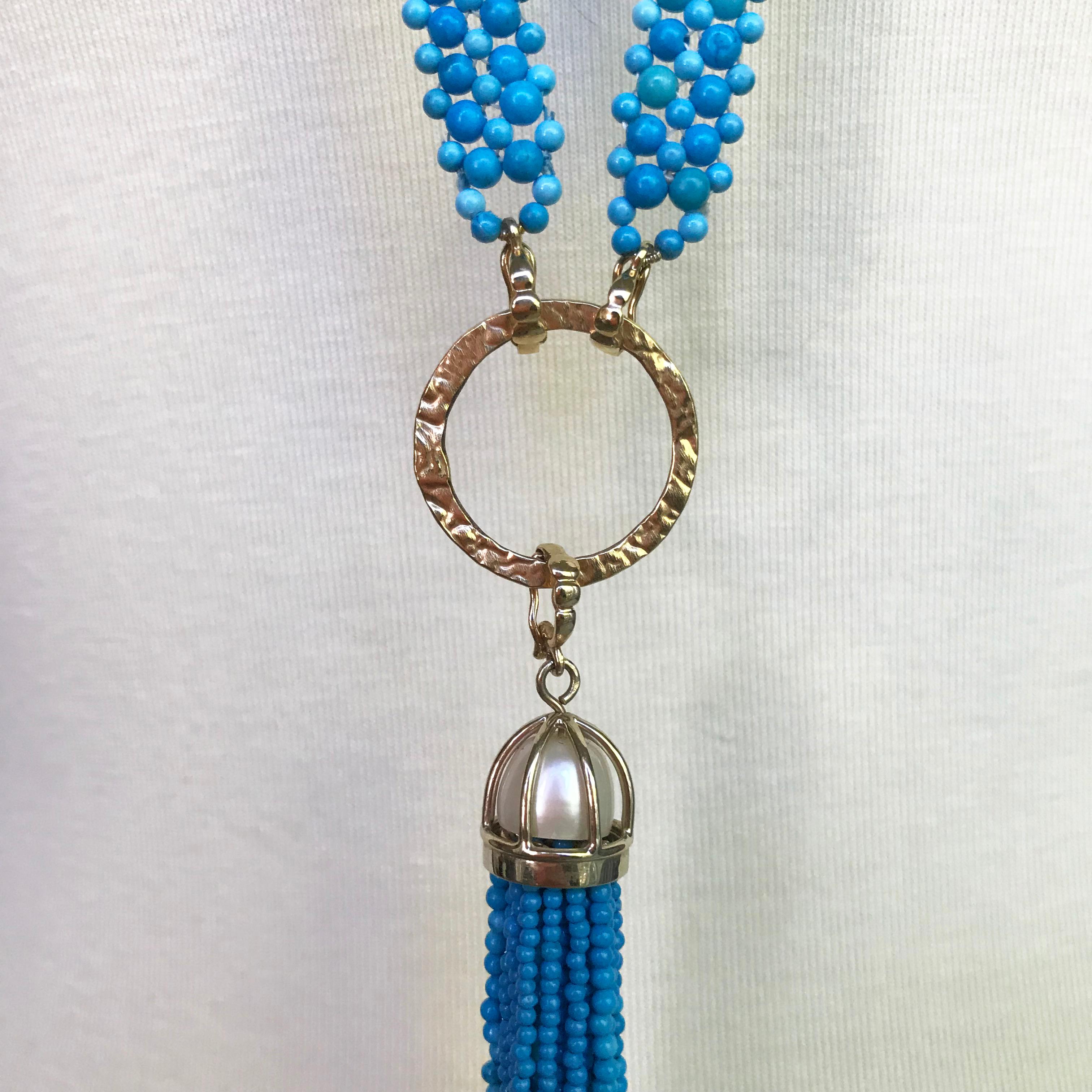 Marina J. Perline turchesi intrecciate Sautoir con perle e nappina e oro giallo 14K in vendita 3
