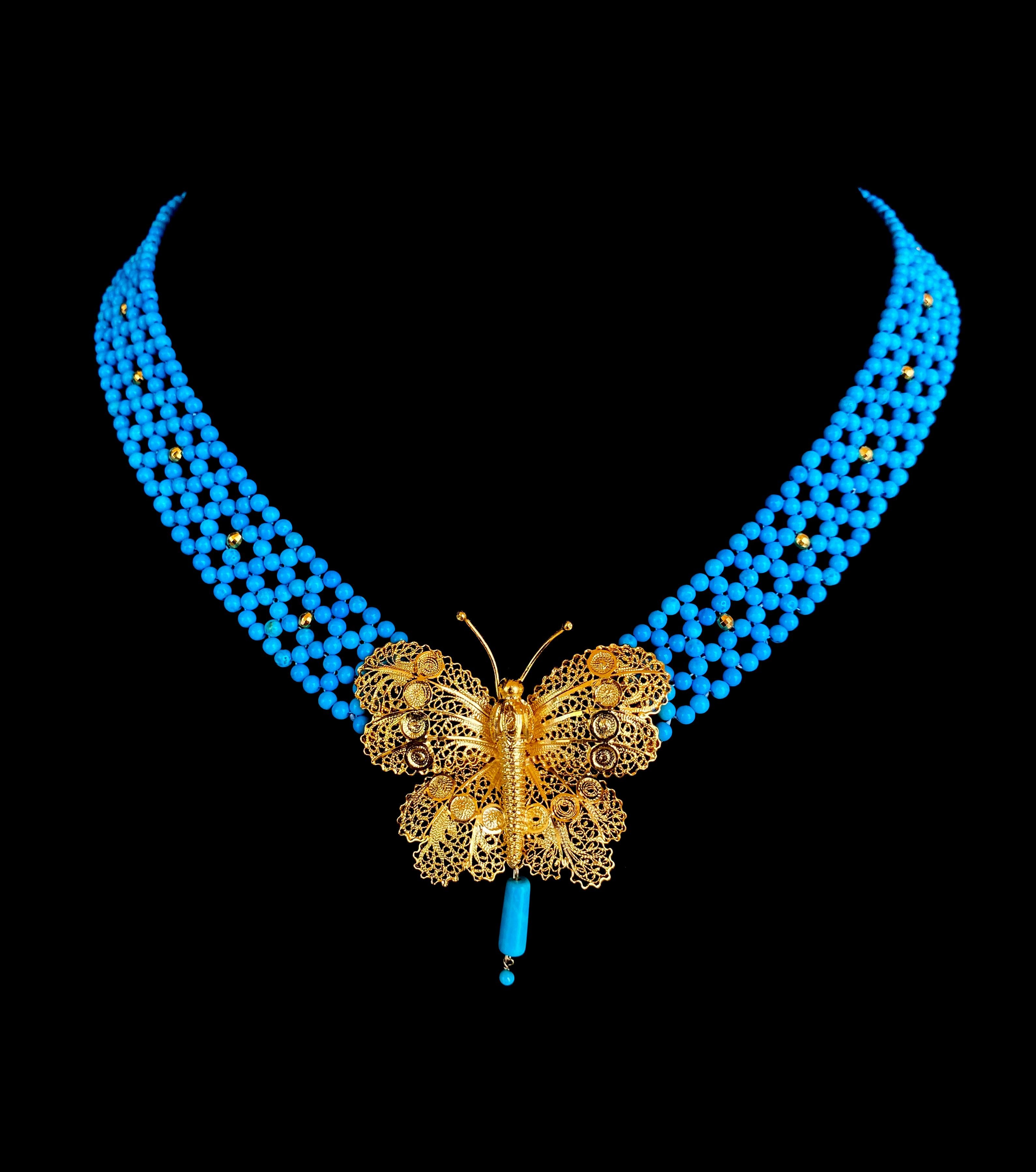 Artisan Marina J. Turquoise Woven Necklace with Yellow Gold Butterfly Centerpiece For Sale