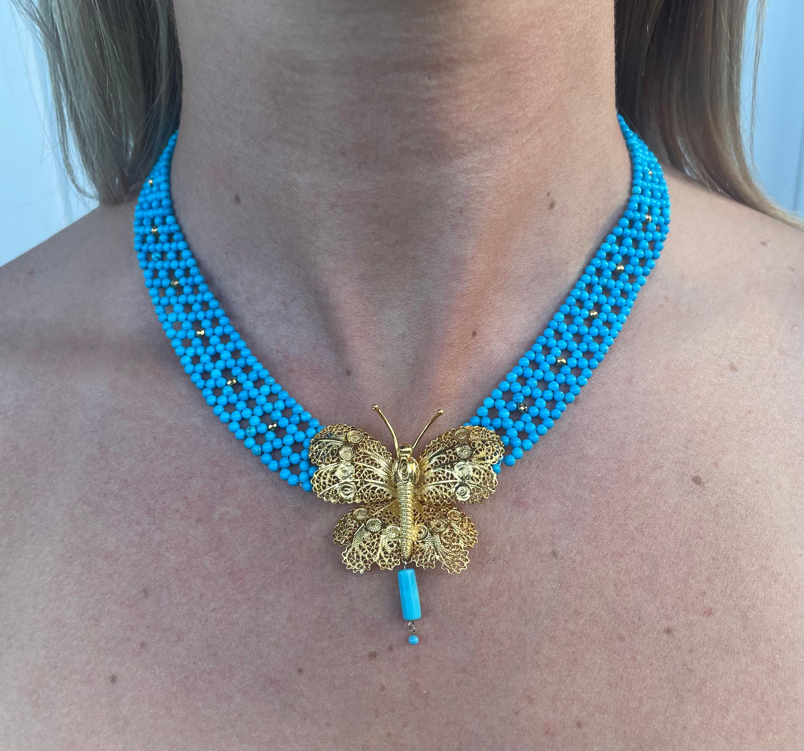 Bead Marina J. Turquoise Woven Necklace with Yellow Gold Butterfly Centerpiece For Sale