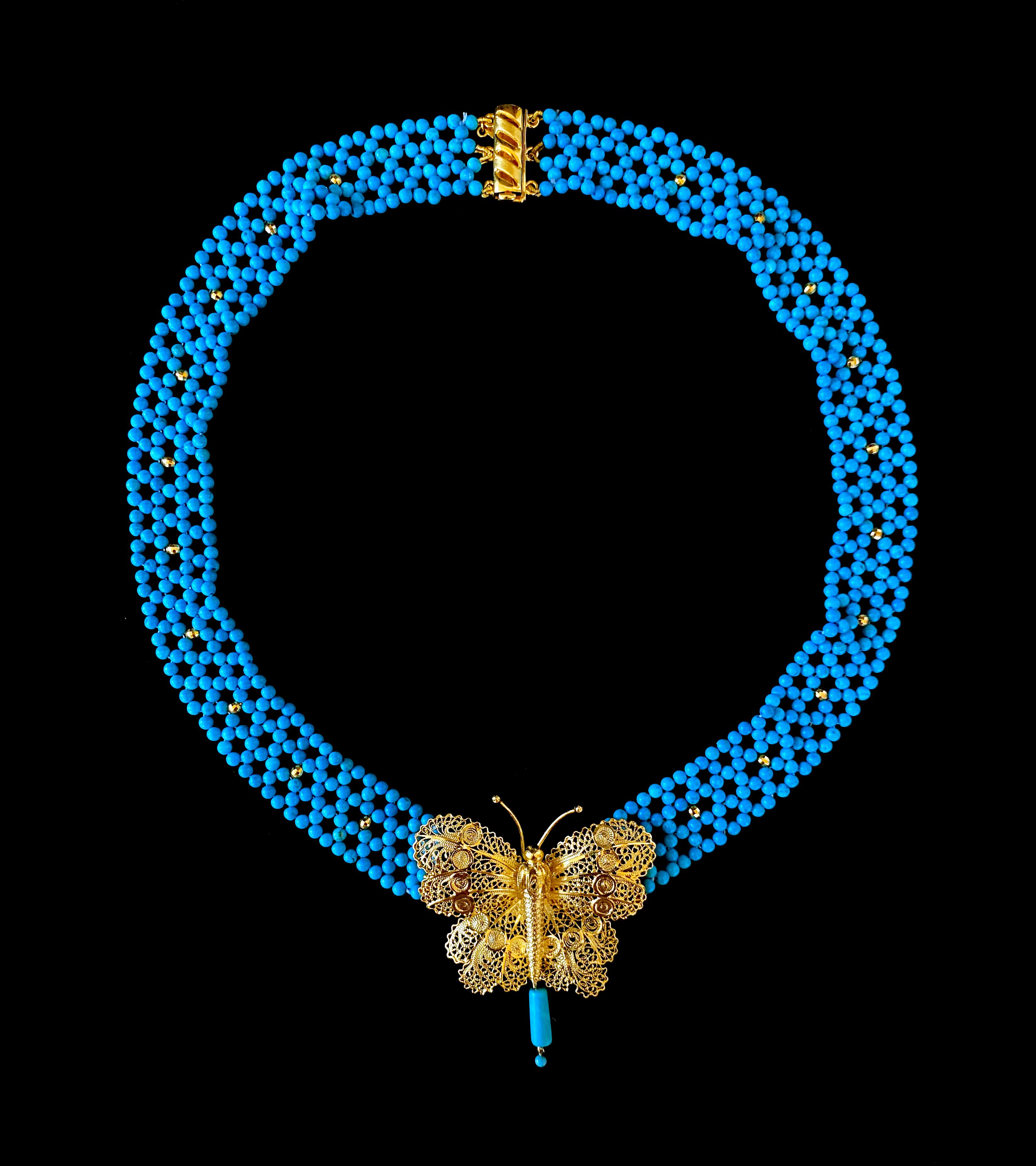 Women's Marina J. Turquoise Woven Necklace with Yellow Gold Butterfly Centerpiece For Sale