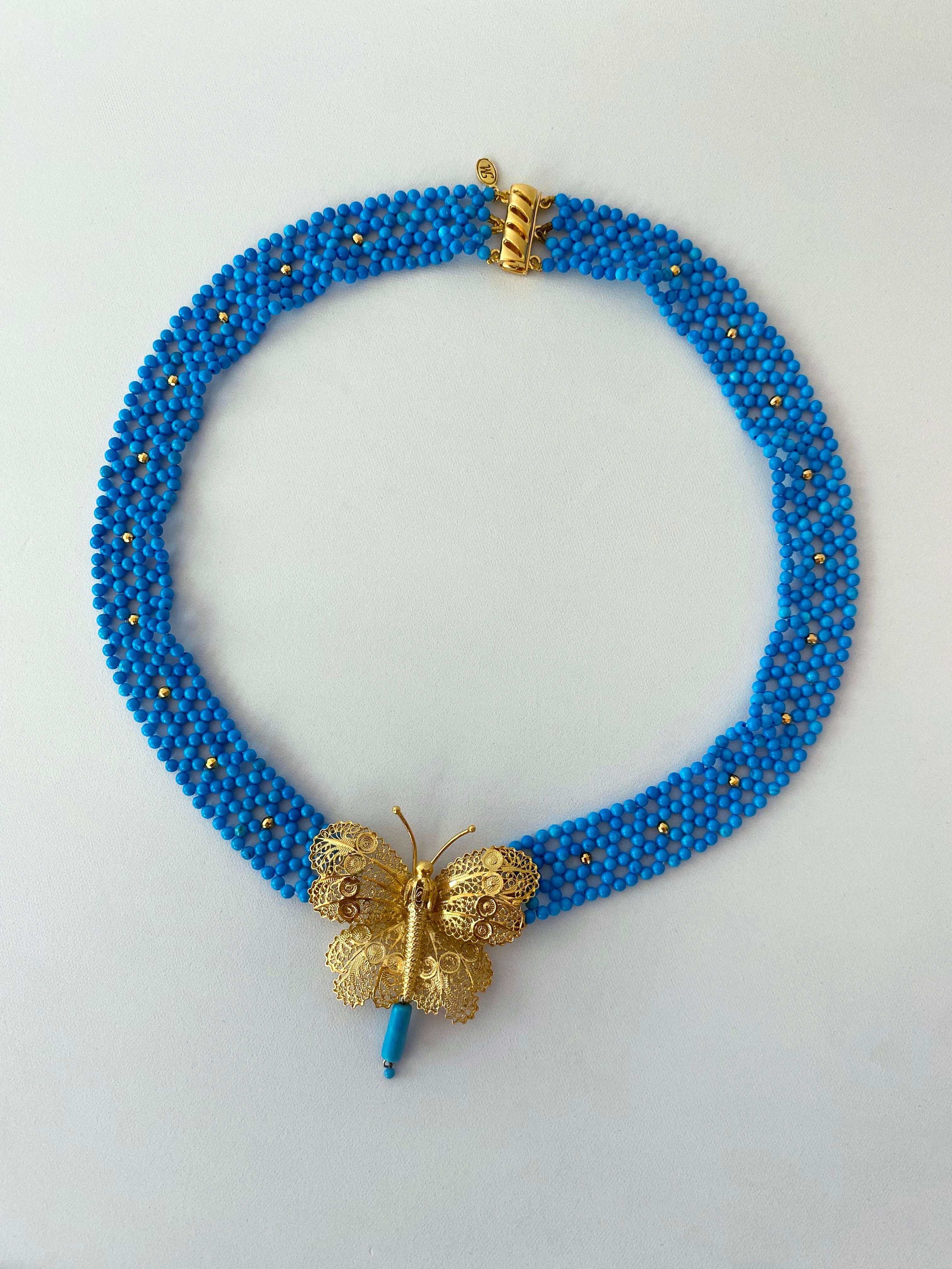 Marina J. Collier tissé en turquoise avec centre en forme de papillon en or jaune en vente 1
