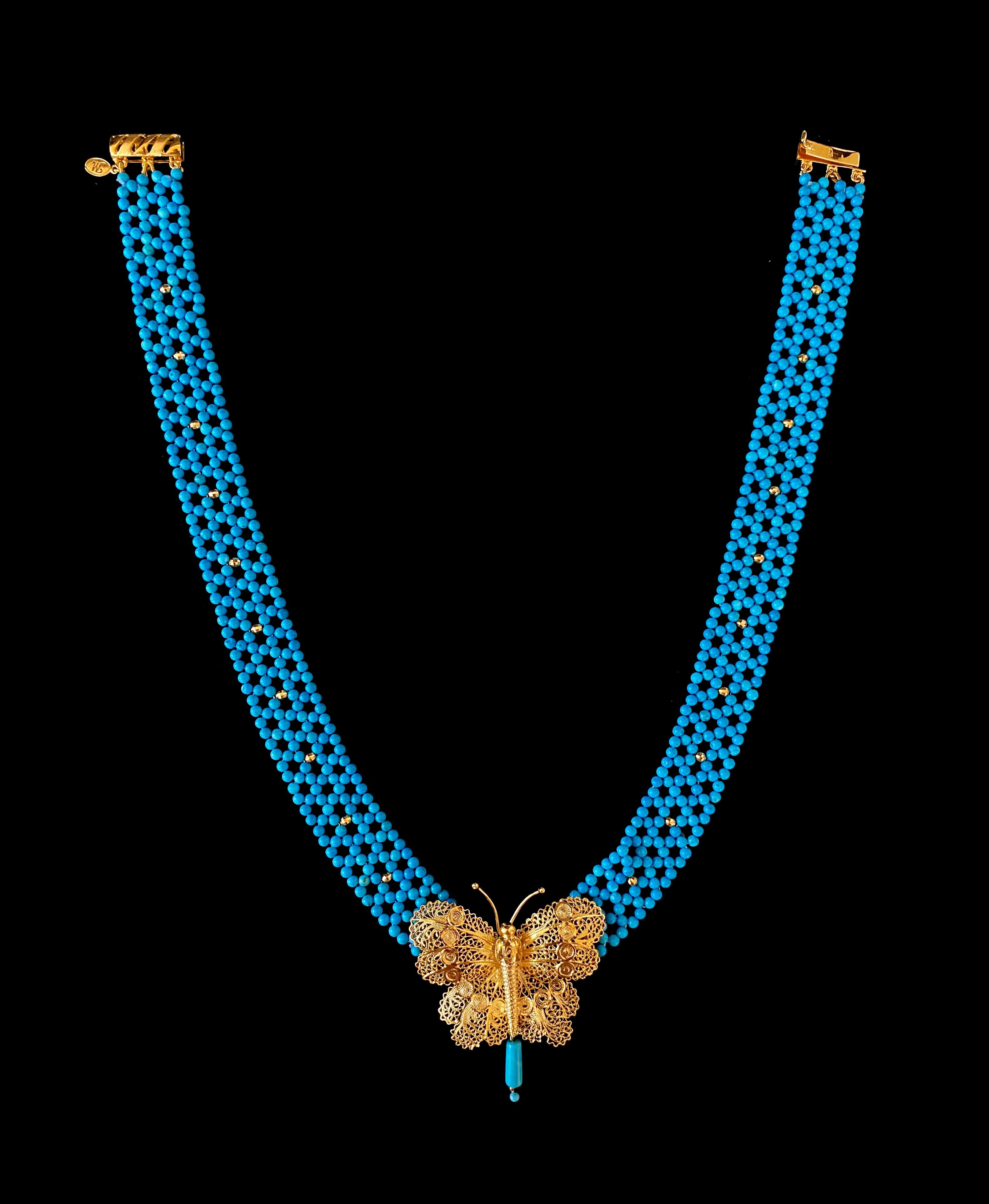 Marina J. Turquoise Woven Necklace with Yellow Gold Butterfly Centerpiece For Sale 2