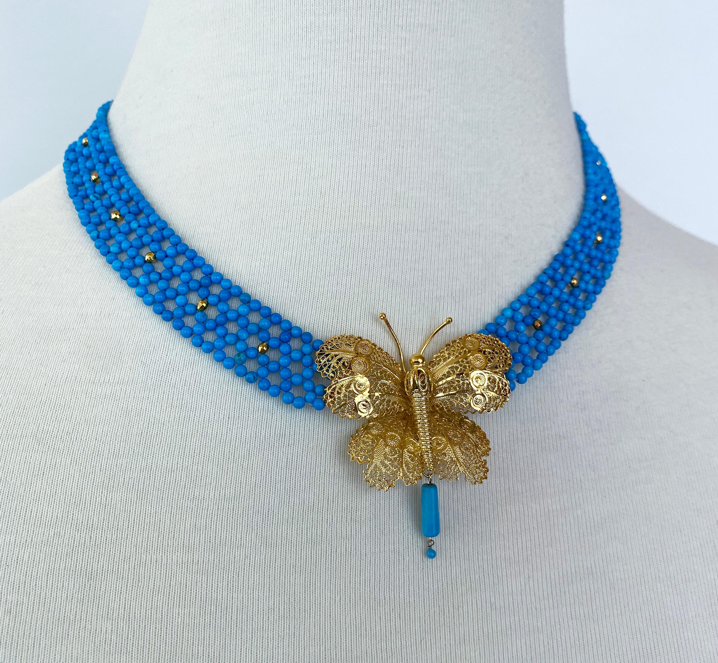 Marina J. Turquoise Woven Necklace with Yellow Gold Butterfly Centerpiece For Sale 3