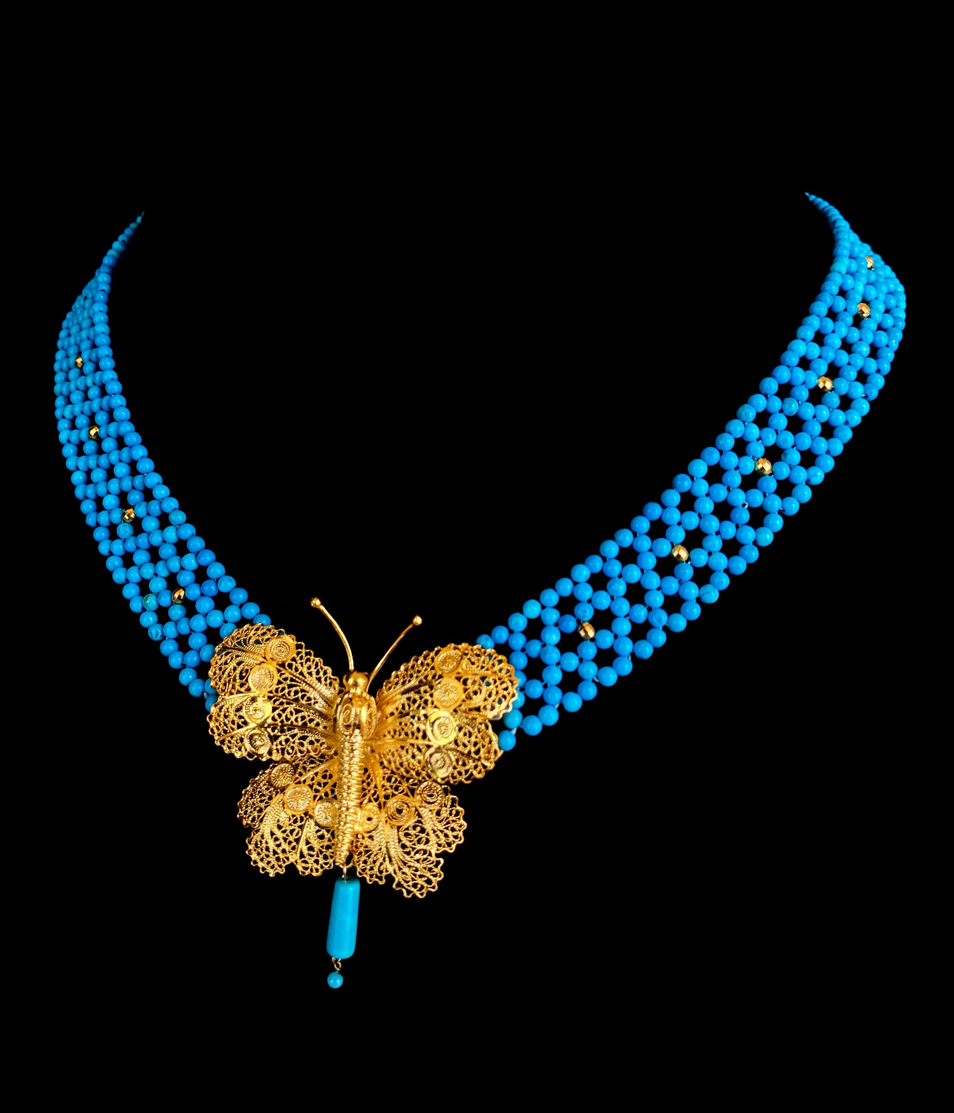 Marina J. Turquoise Woven Necklace with Yellow Gold Butterfly Centerpiece For Sale 4