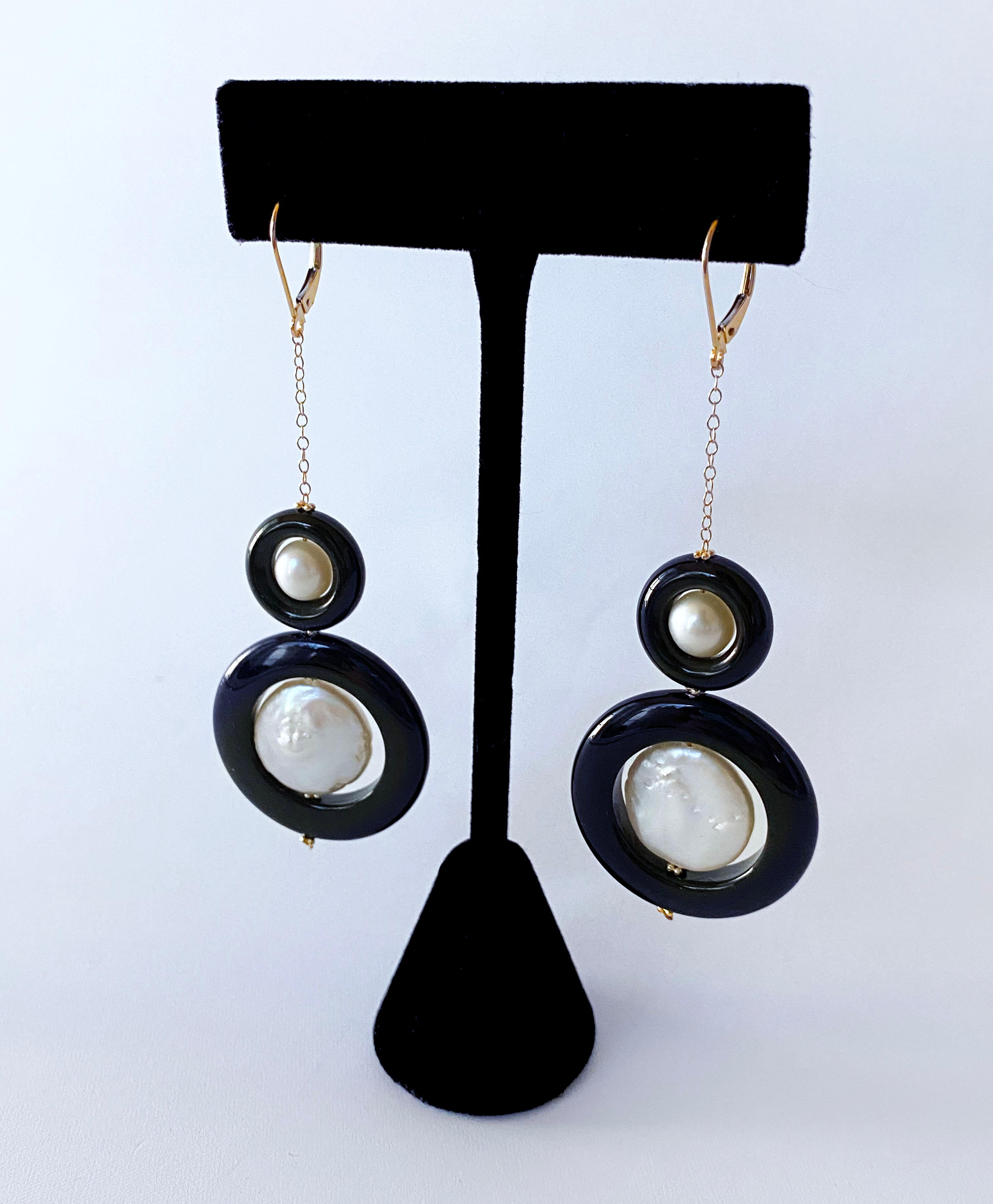 Artisan Marina J. Two Tier Pearl, Black Onyx and Solid 14k Yellow Gold Earrings For Sale