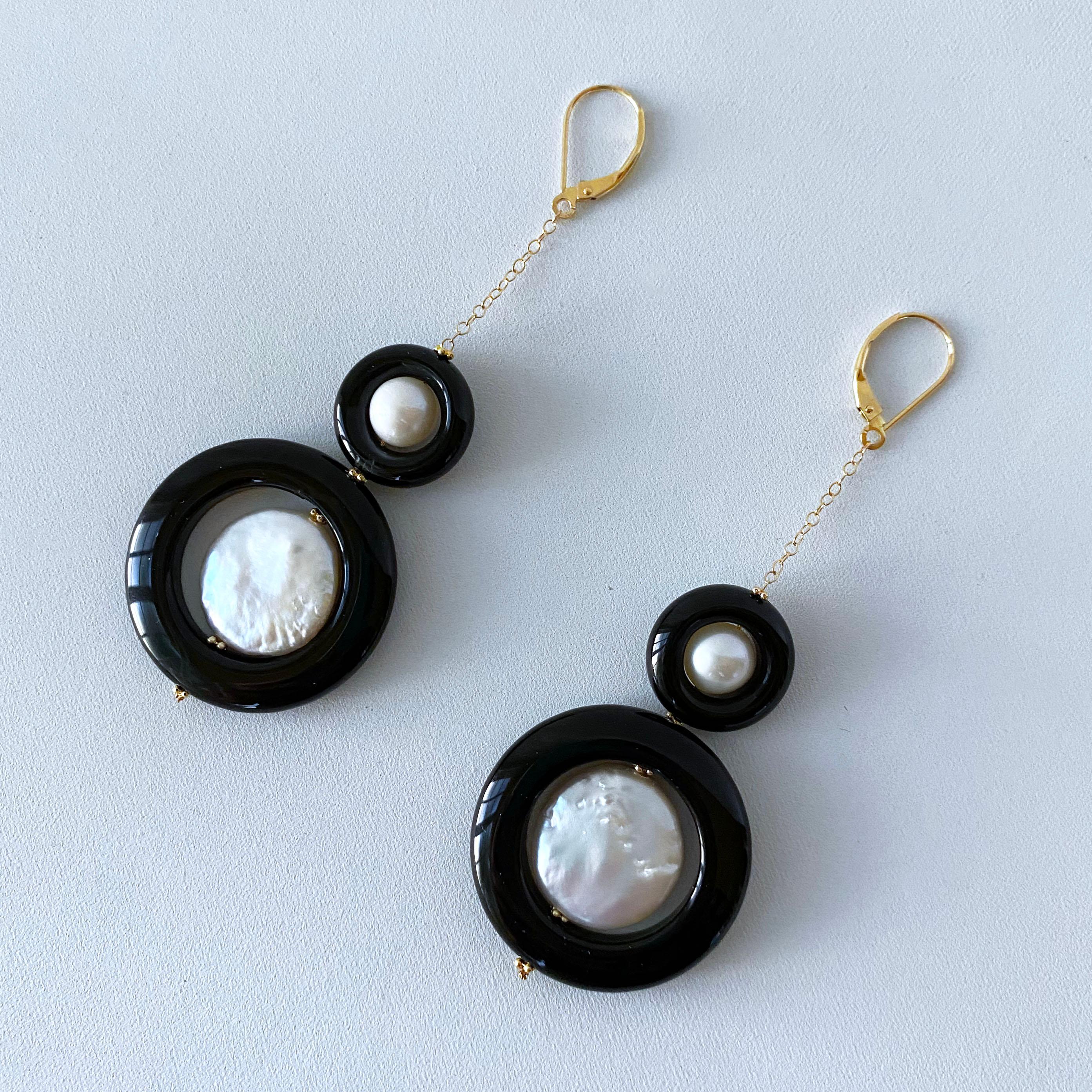 Bead Marina J. Two Tier Pearl, Black Onyx and Solid 14k Yellow Gold Earrings For Sale