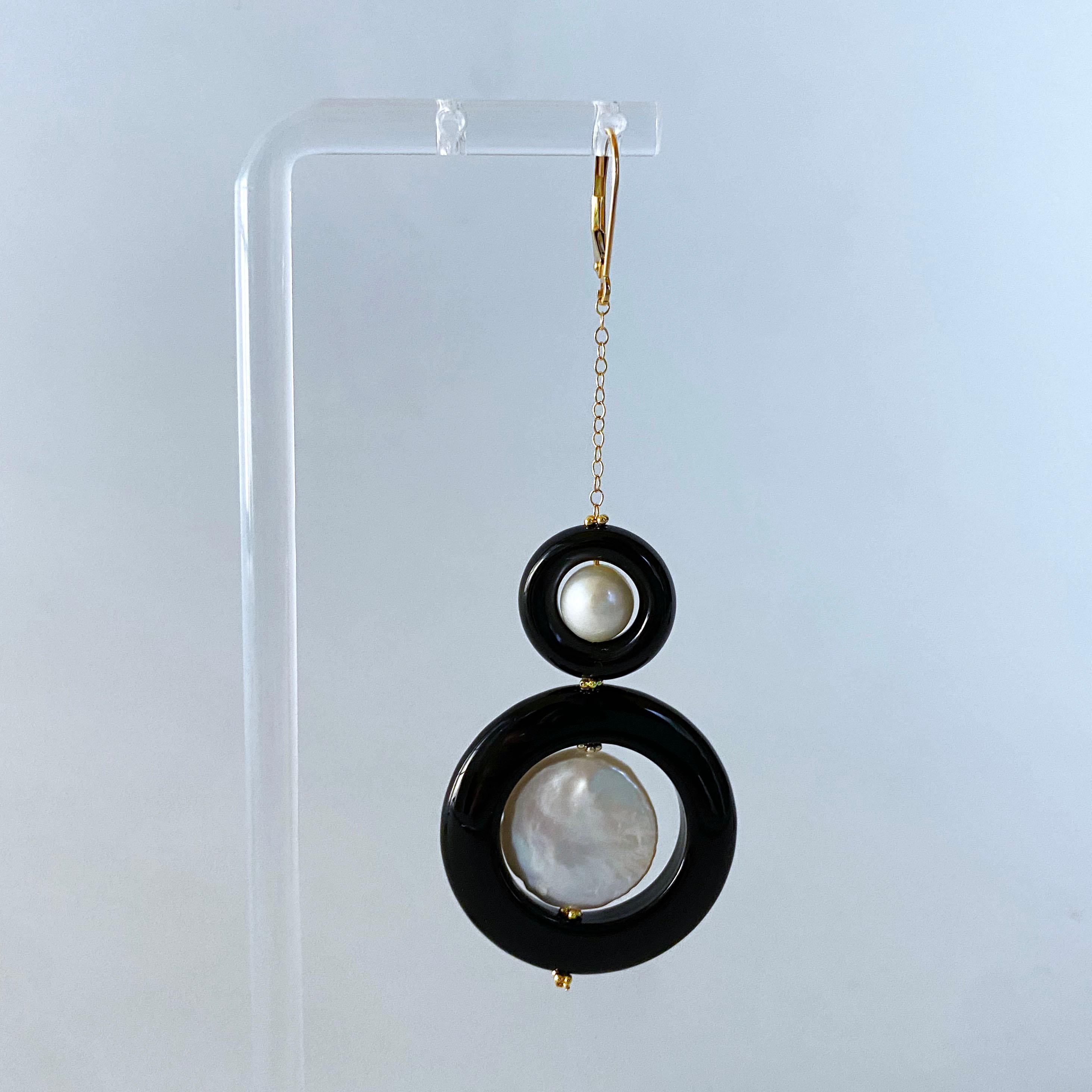 Marina J. Two Tier Pearl, Black Onyx and Solid 14k Yellow Gold Earrings In New Condition For Sale In Los Angeles, CA