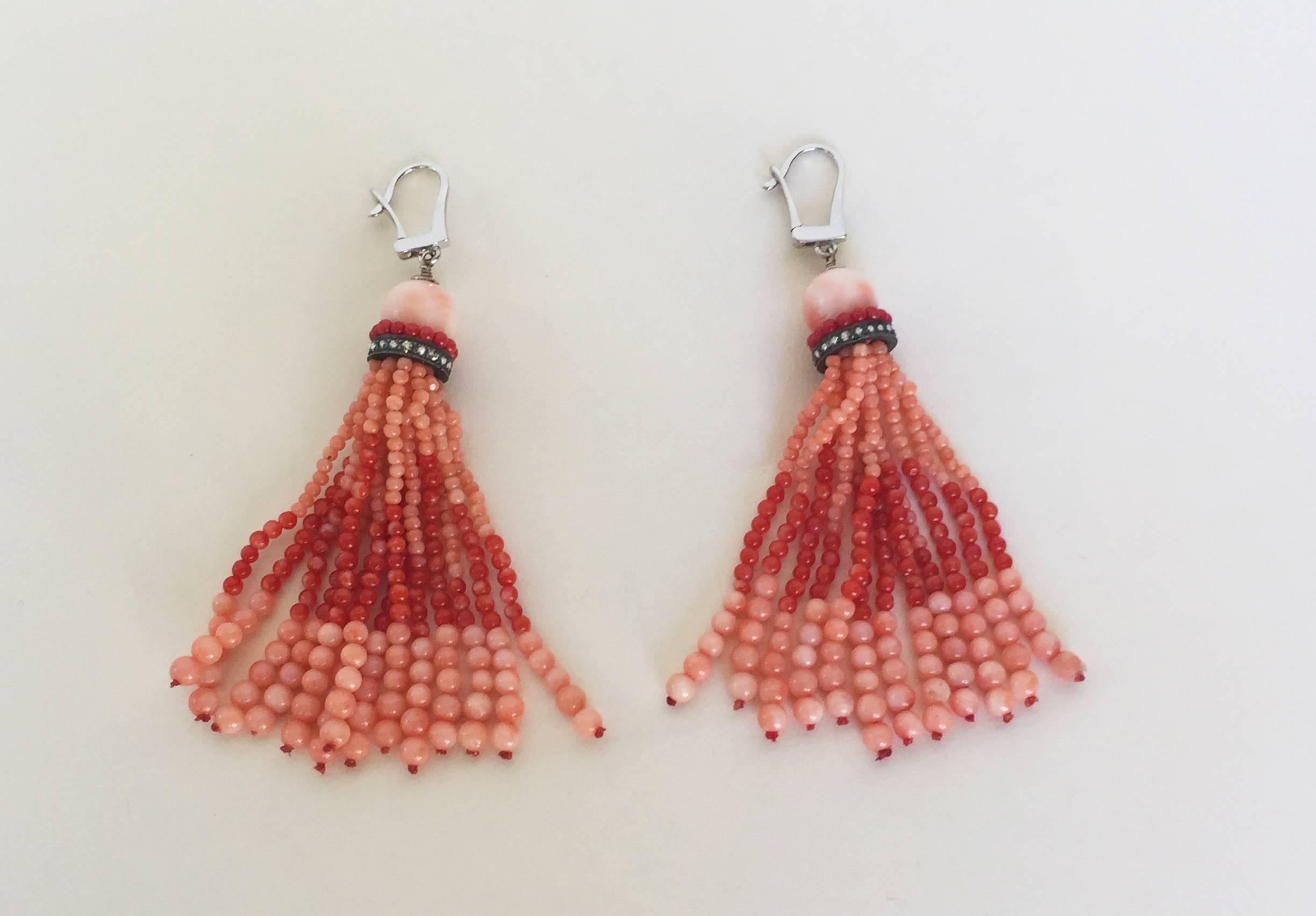 Marina J Two Tone Red Coral Tassel Earrings with Diamonds and 14 K White Gold In New Condition For Sale In Los Angeles, CA