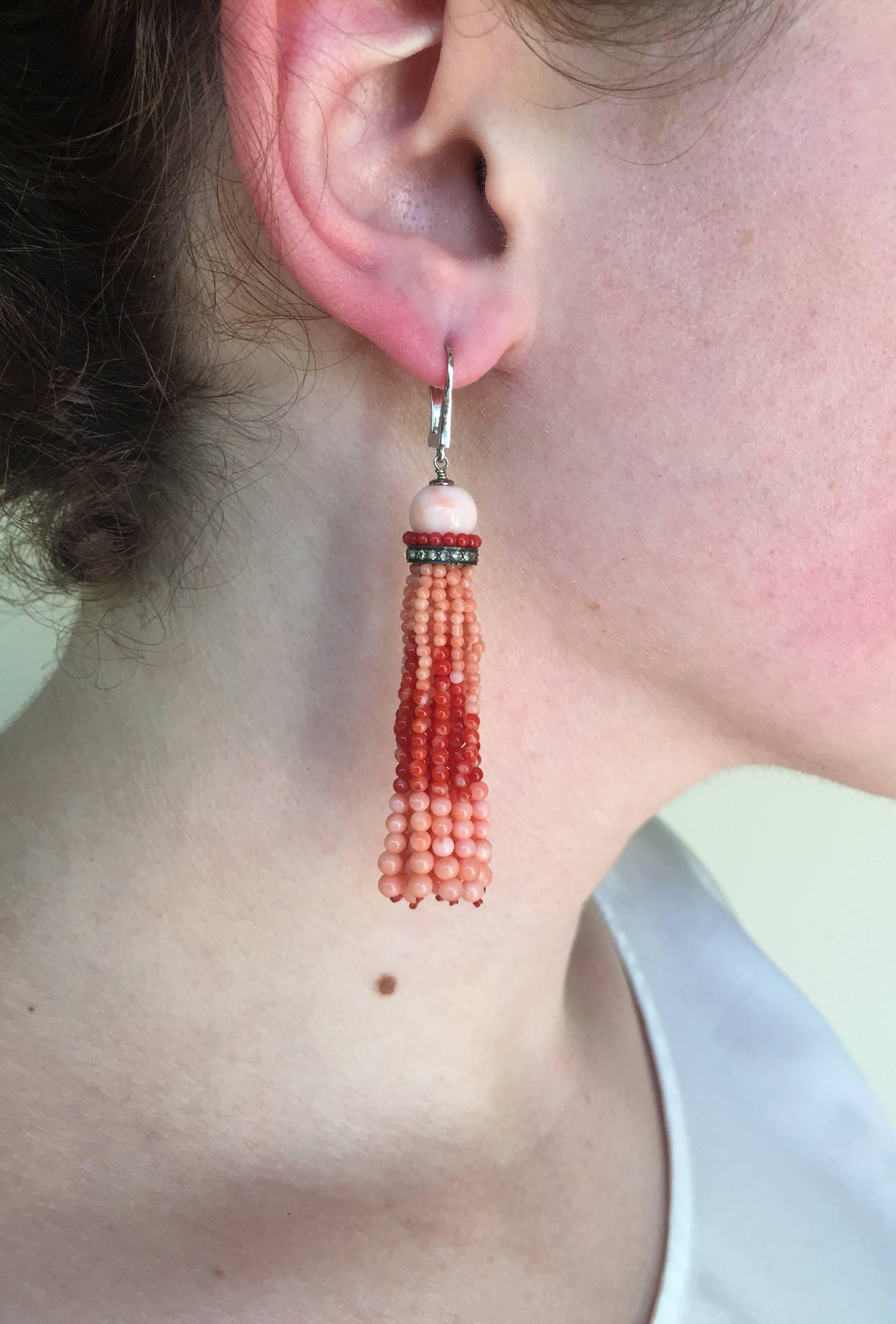 Women's Marina J Two Tone Red Coral Tassel Earrings with Diamonds and 14 K White Gold For Sale