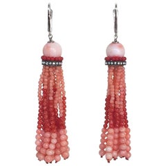 Marina J Two Tone Red Coral Tassel Earrings with Diamonds and 14 K White Gold
