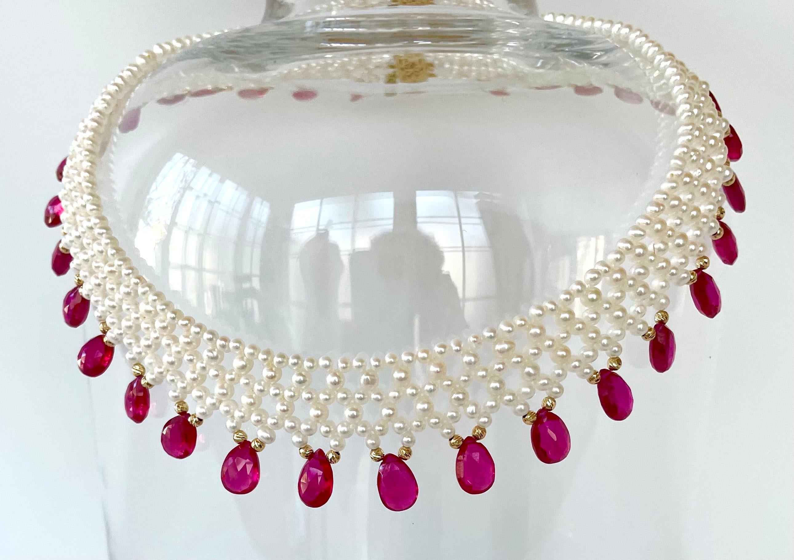 Marina J Woven Pearl Necklace with Pink Sapphire brioletts  & 14 k Yellow Gold 7