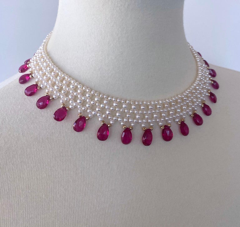 Marina J Woven Pearl Necklace with Pink Sapphire brioletts and 14 k