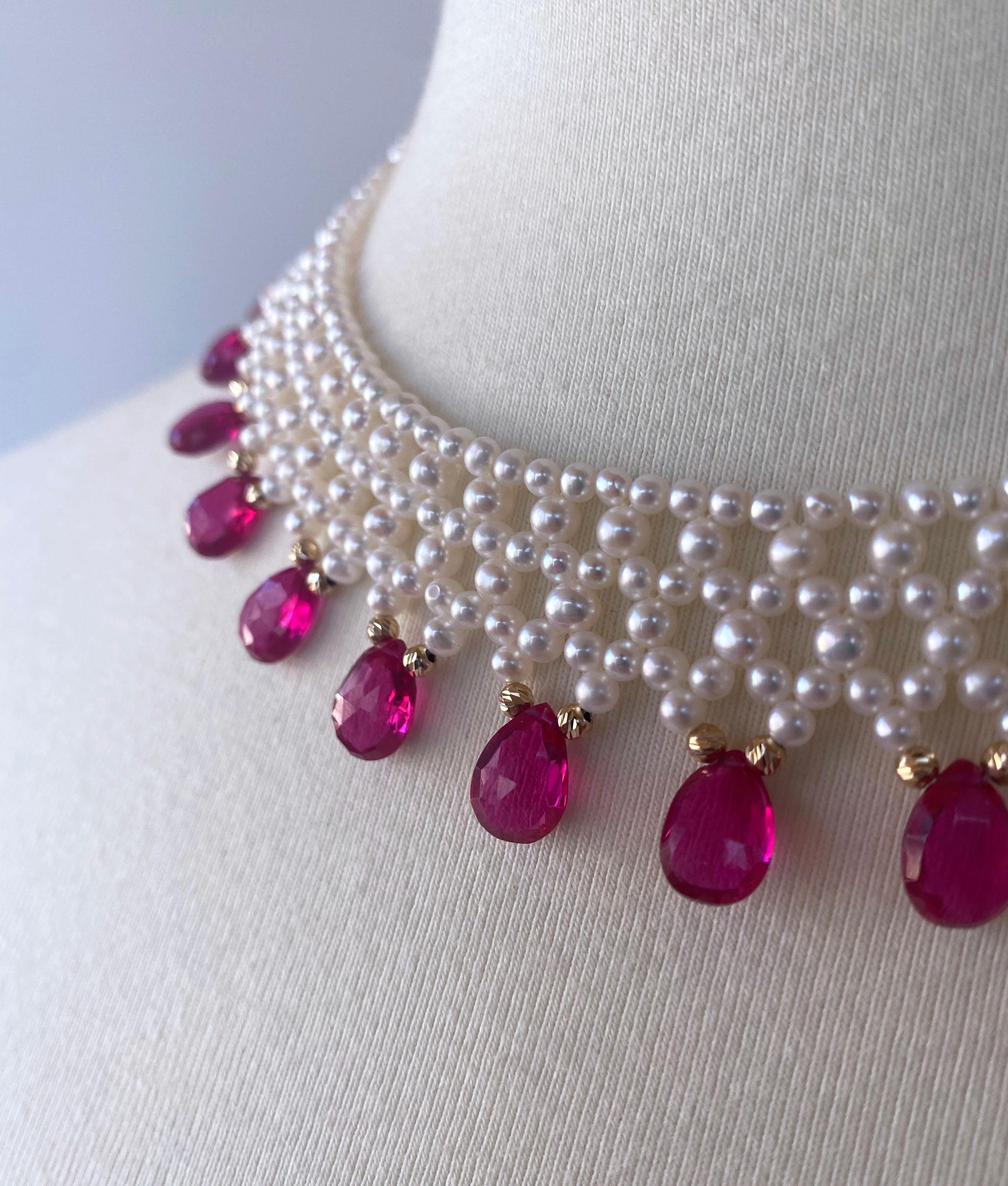 Artisan Marina J Woven Pearl Necklace with Pink Sapphire brioletts  & 14 k Yellow Gold