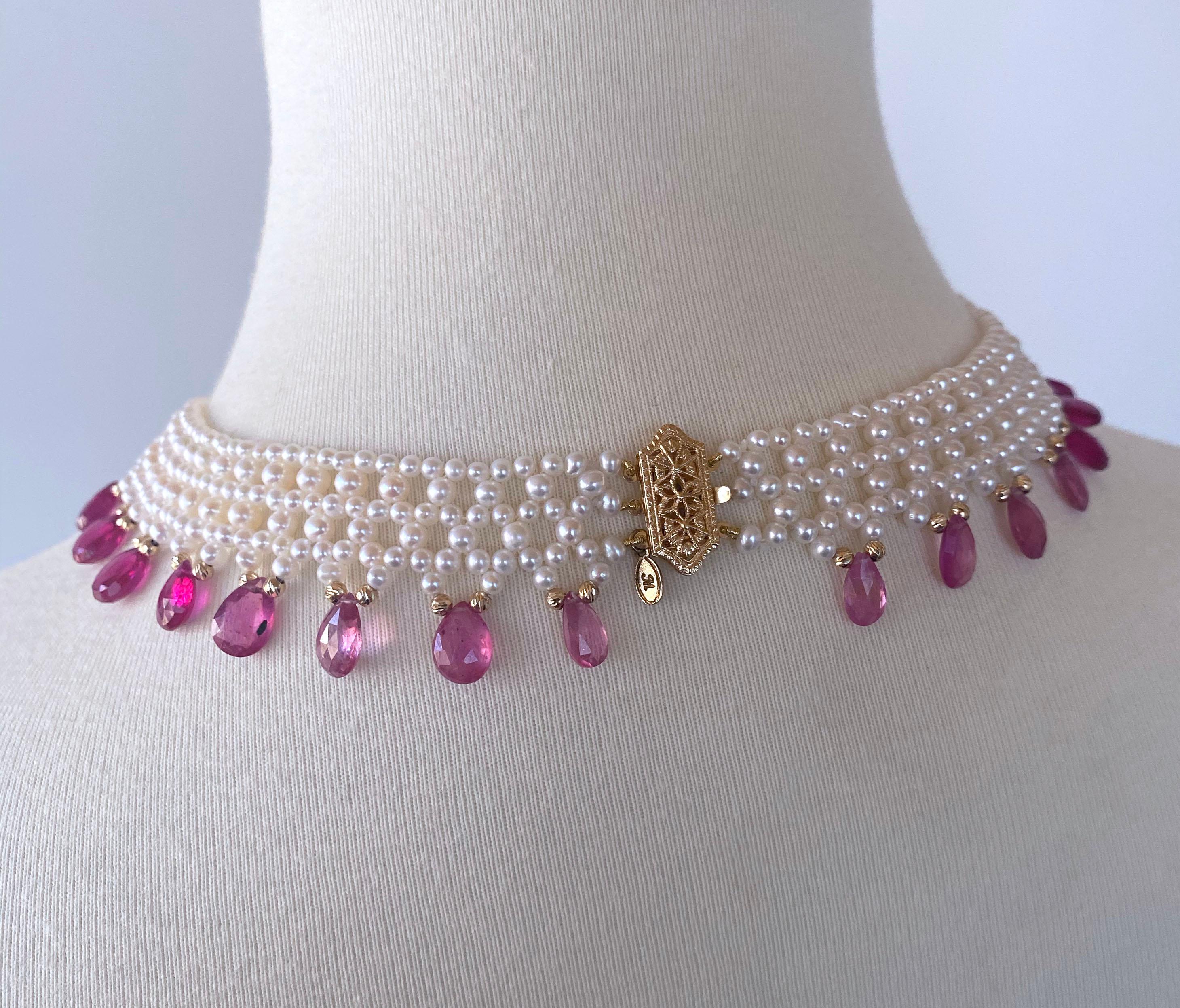 Bead Marina J Woven Pearl Necklace with Pink Sapphire brioletts  & 14 k Yellow Gold