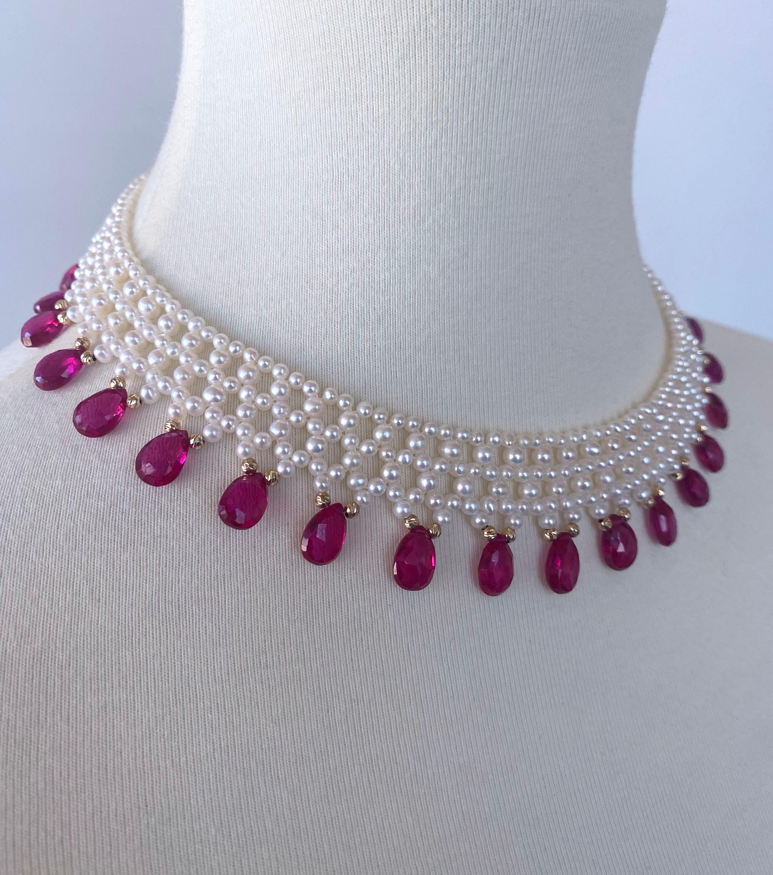 Marina J Woven Pearl Necklace with Pink Sapphire brioletts  & 14 k Yellow Gold In New Condition In Los Angeles, CA
