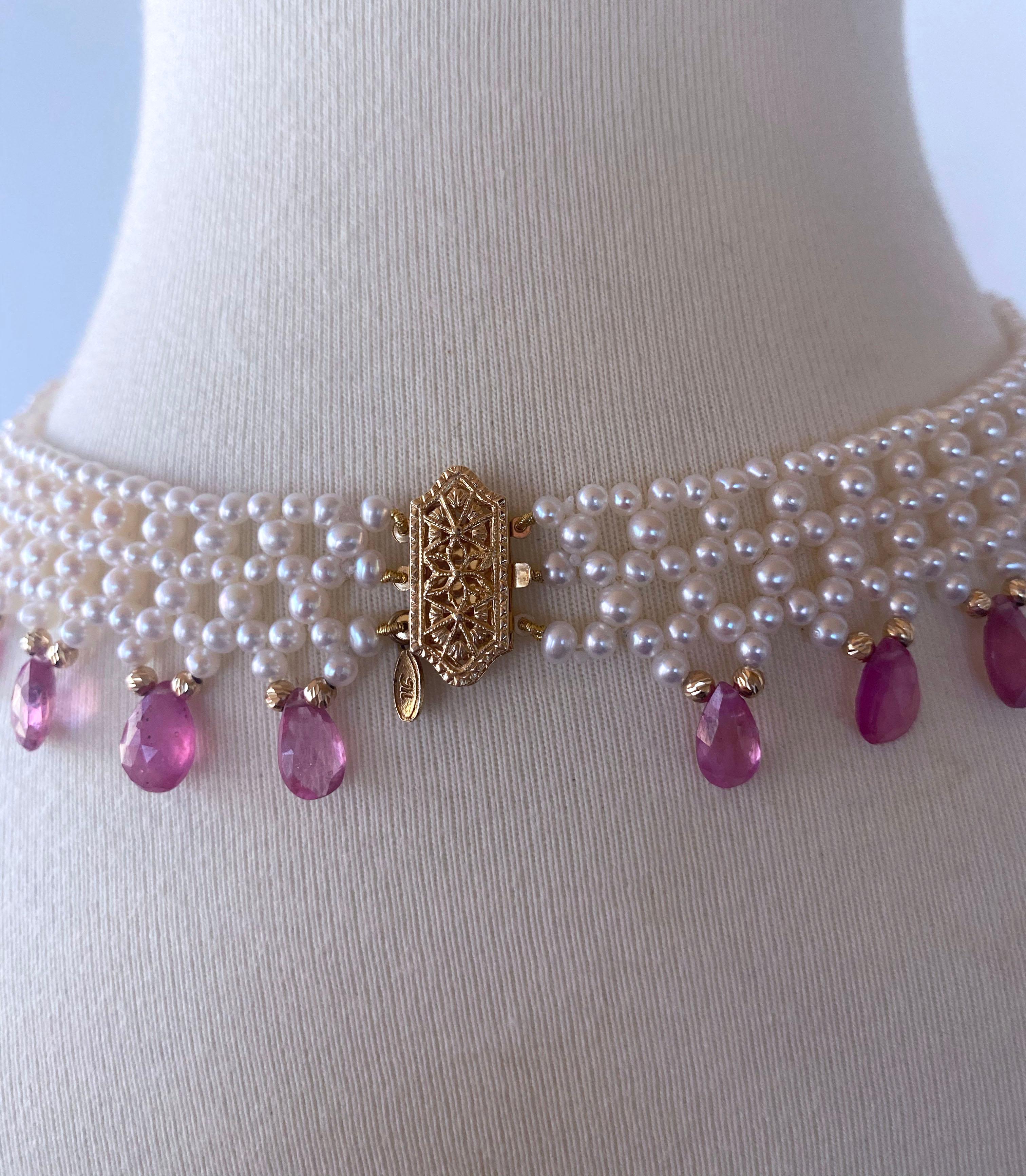 Women's Marina J Woven Pearl Necklace with Pink Sapphire brioletts  & 14 k Yellow Gold