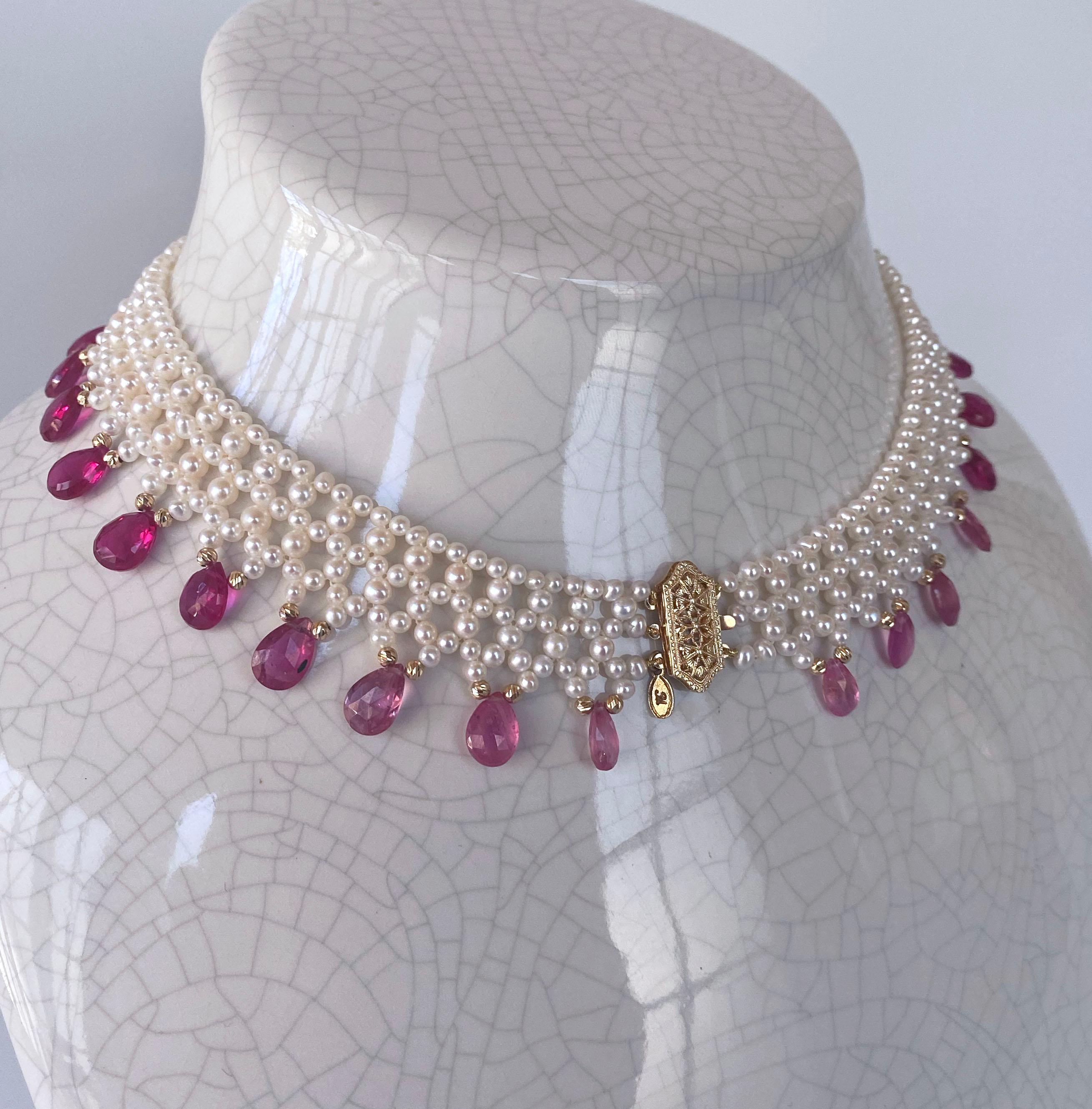 Marina J Woven Pearl Necklace with Pink Sapphire brioletts  & 14 k Yellow Gold 2
