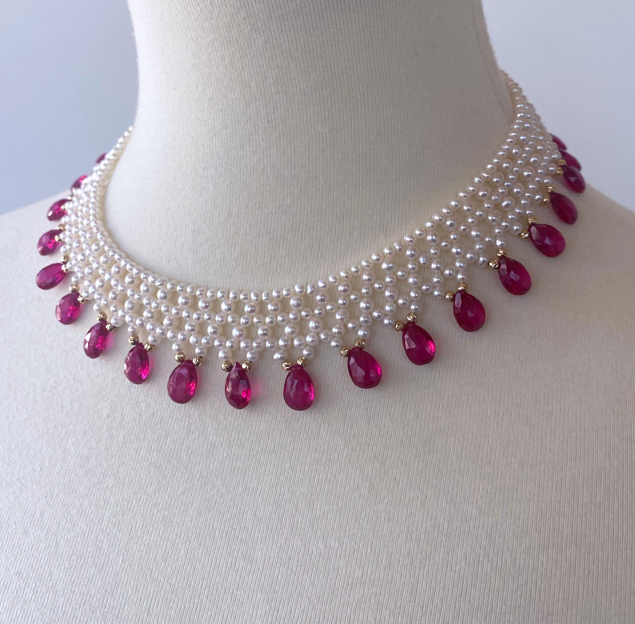 Marina J Woven Pearl Necklace with Pink Sapphire brioletts  & 14 k Yellow Gold 3