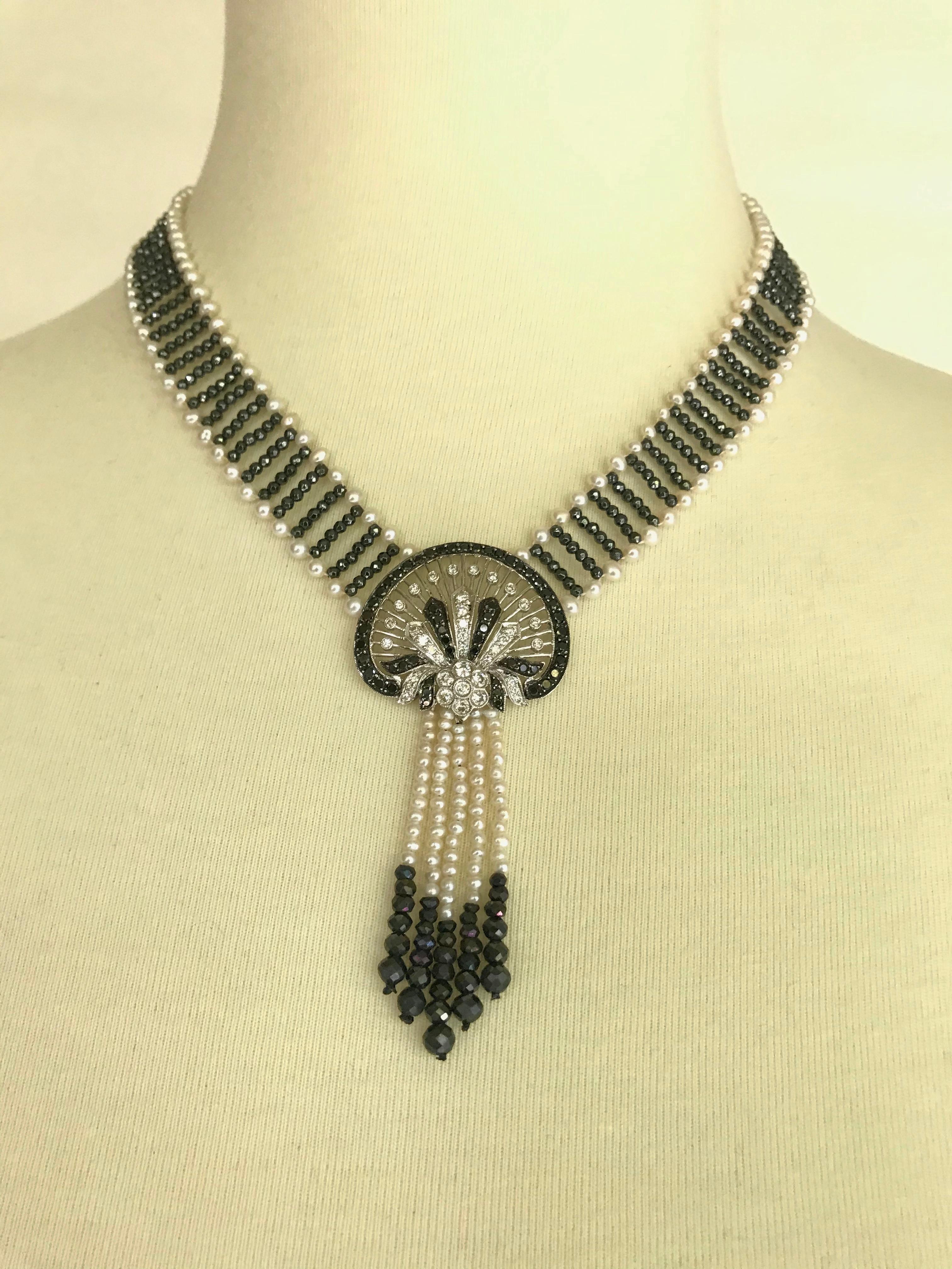 Women's Marina J. Unique Diamond, Black Diamond, Pearl and 14 Karat Gold Woven Necklace