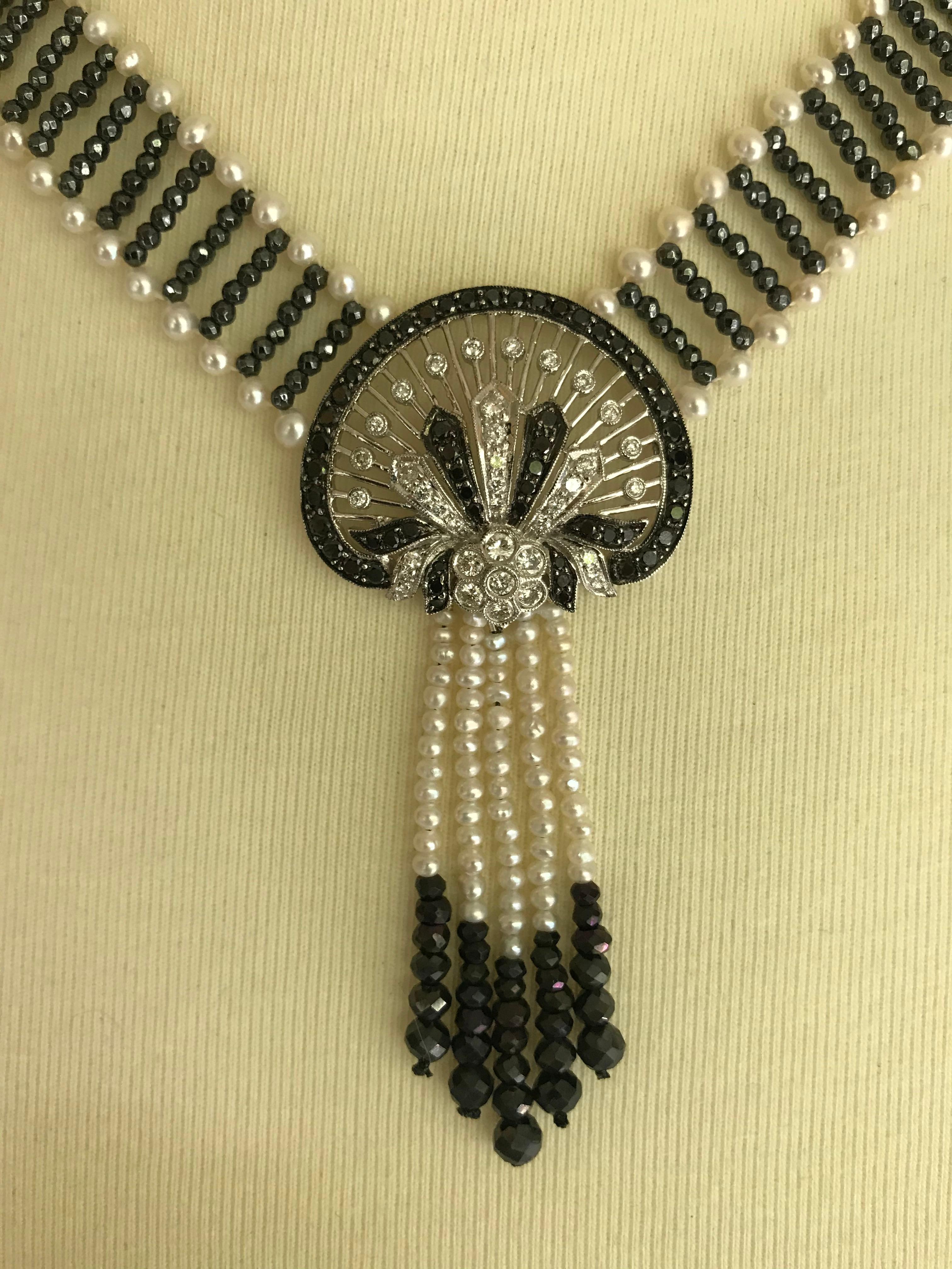 Artist Marina J. Unique Diamond, Black Diamond, Pearl and 14 Karat Gold Woven Necklace