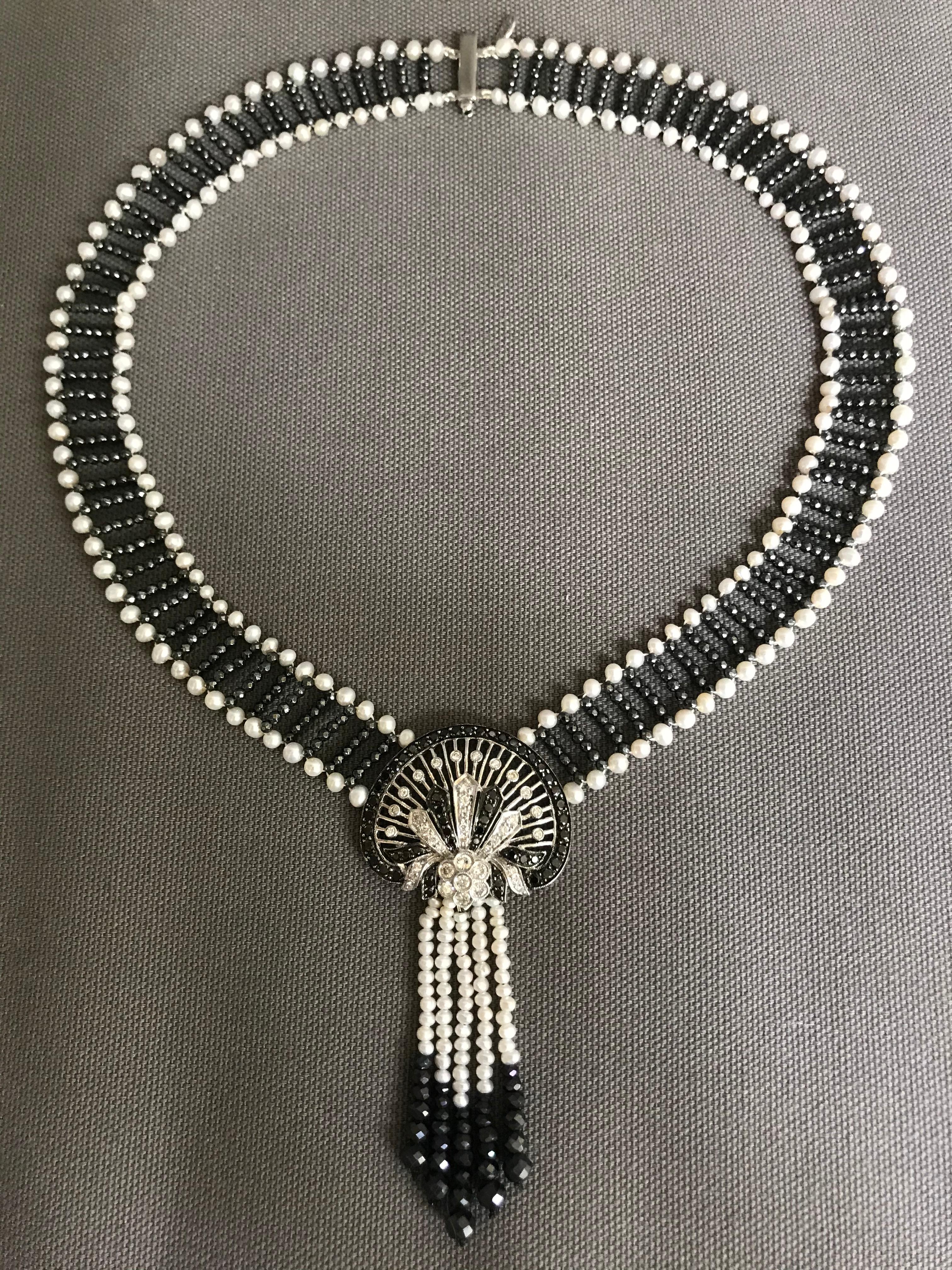 Brilliant Cut Marina J. Unique Diamond, Black Diamond, Pearl and 14 Karat Gold Woven Necklace