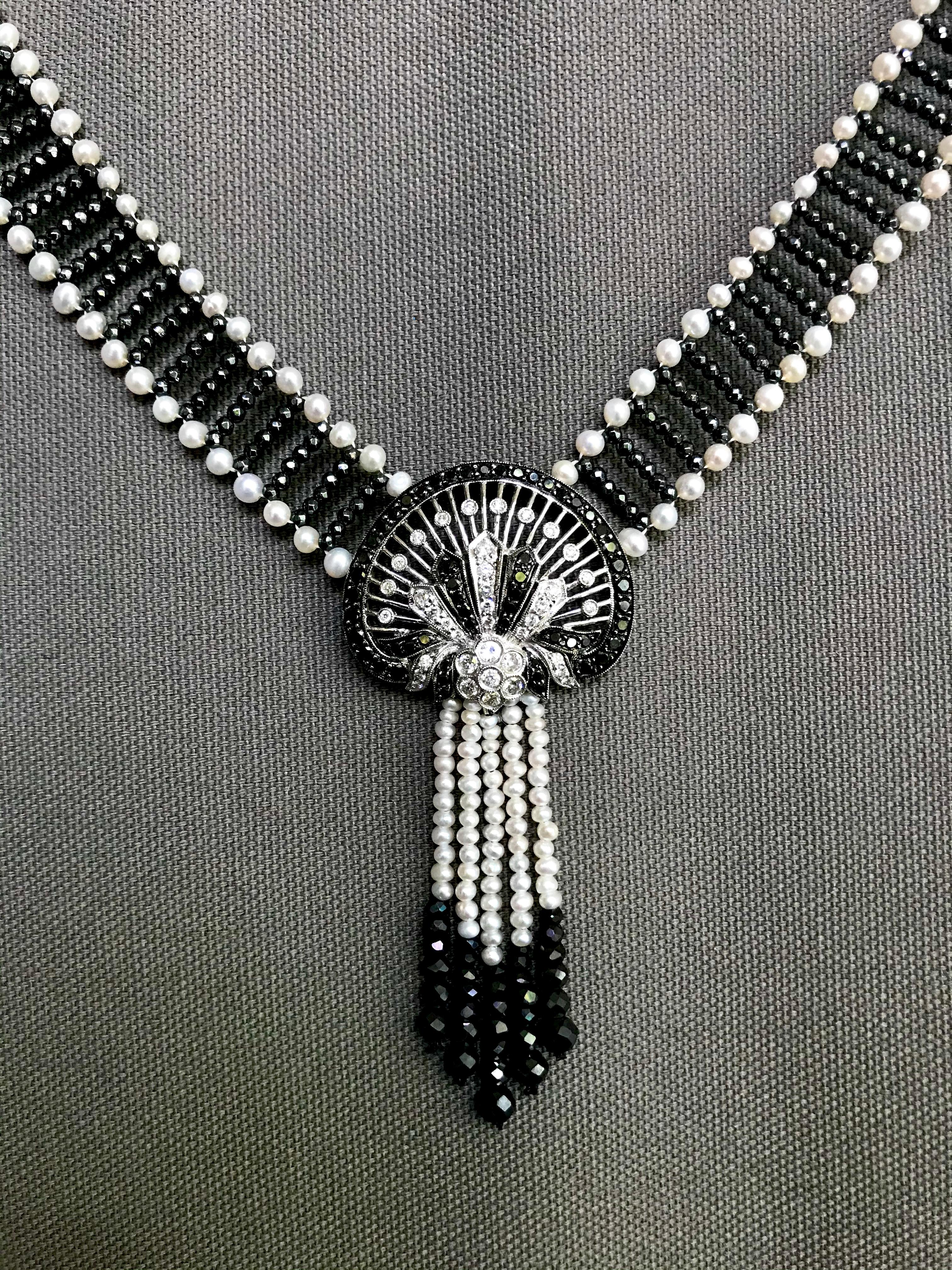 Marina J. Unique Diamond, Black Diamond, Pearl and 14 Karat Gold Woven Necklace In New Condition In Los Angeles, CA