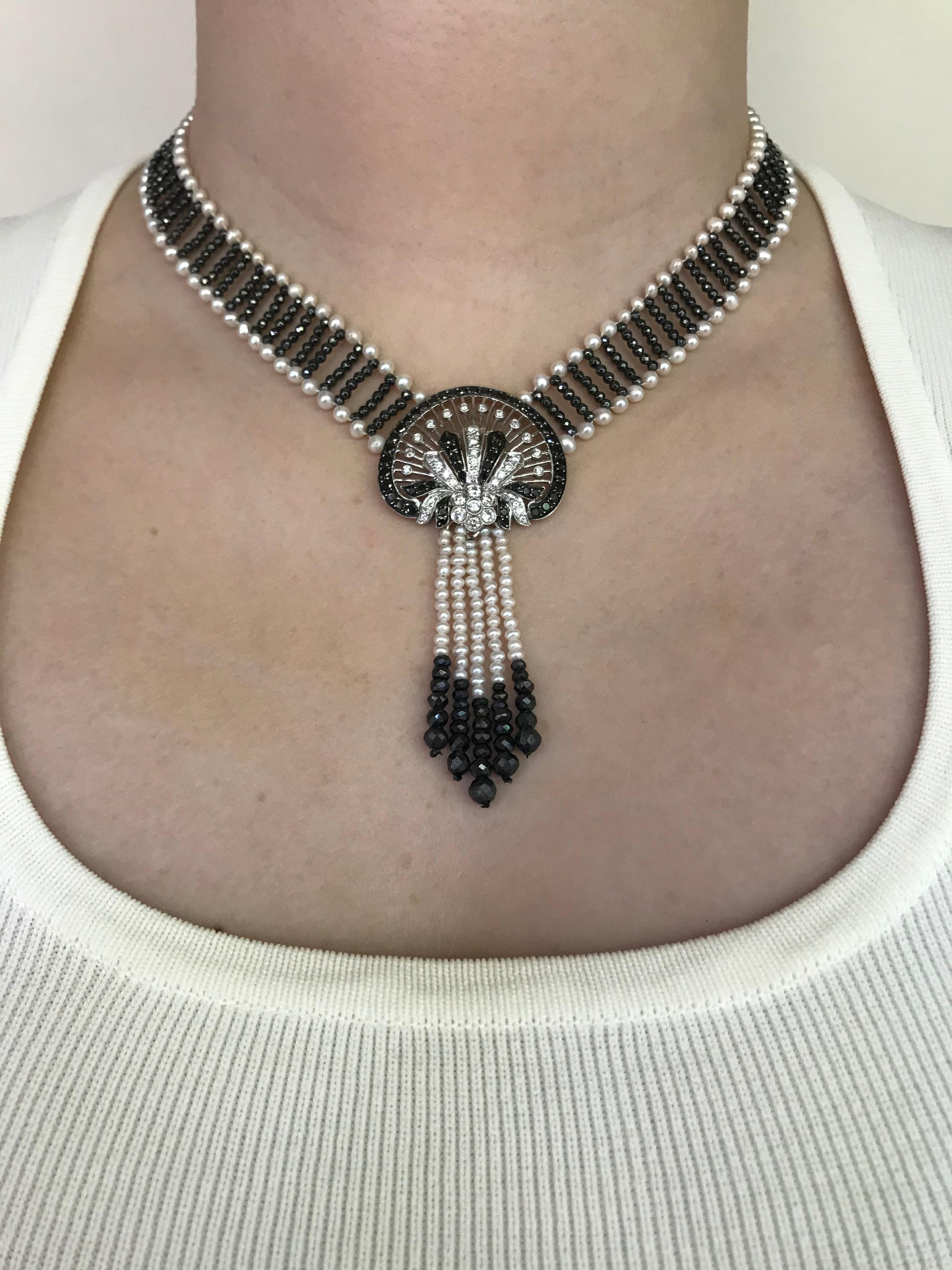 Marina J. Unique Diamond, Black Diamond, Pearl and 14 Karat Gold Woven Necklace 3