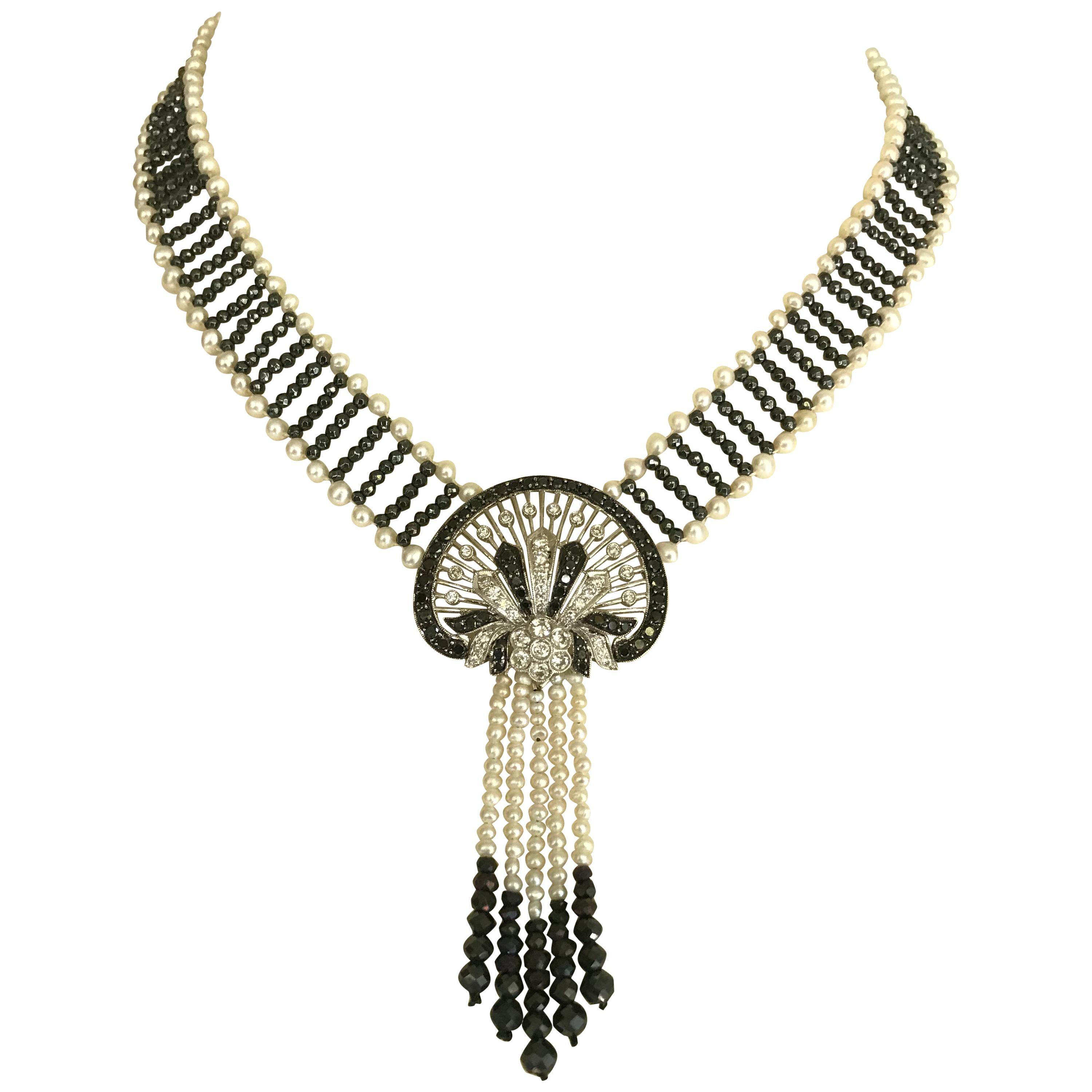 Marina J. Unique Diamond, Black Diamond, Pearl and 14 Karat Gold Woven Necklace