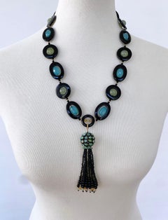 Marina J. Unique Fire Opal, Onyx, Chalcedony & Solid 14k Gold Tassel Necklace