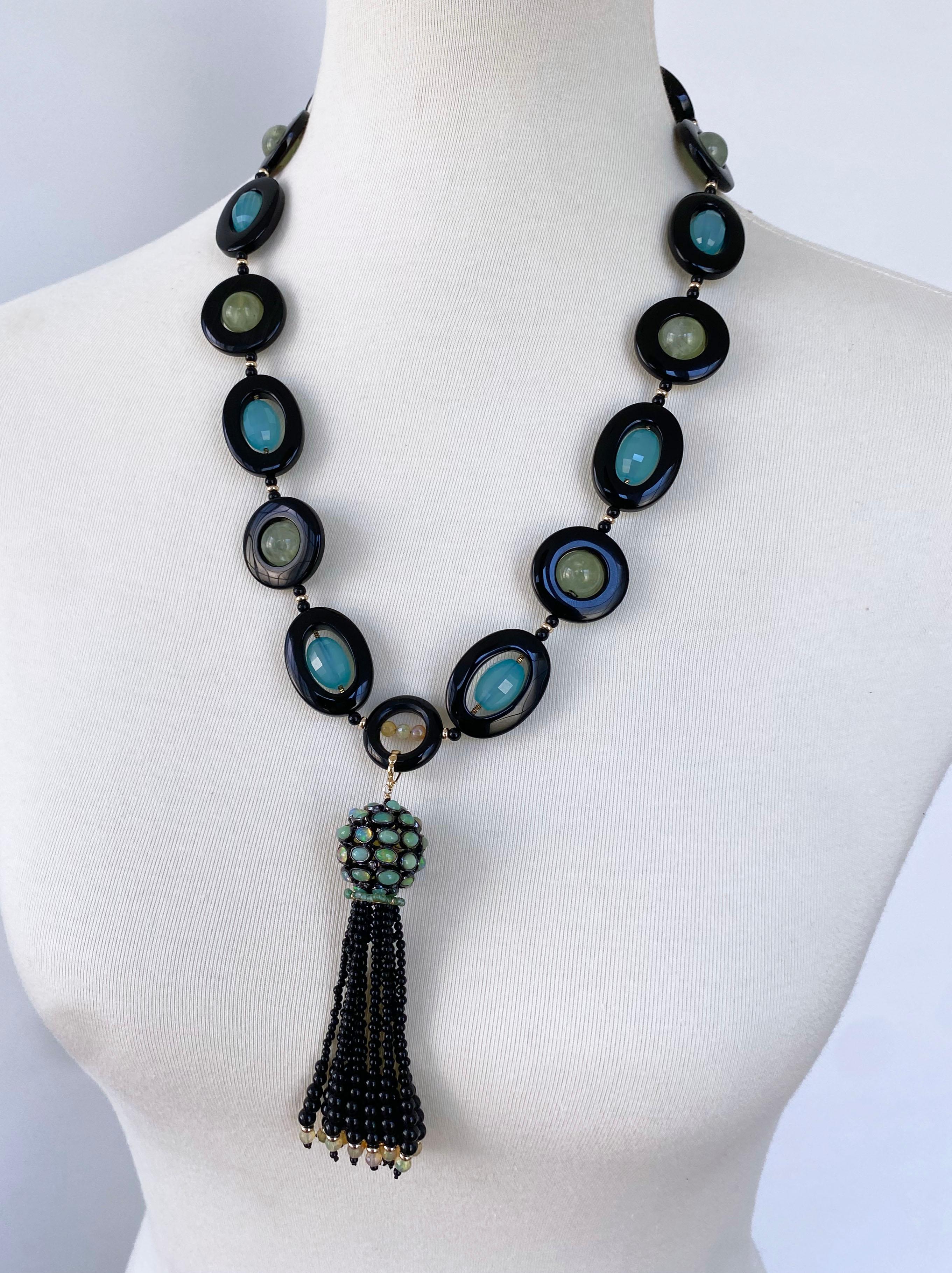 Artisan Marina J. Unique Fire Opal, Onyx, Chalcedony & Solid 14k Gold Tassel Necklace For Sale