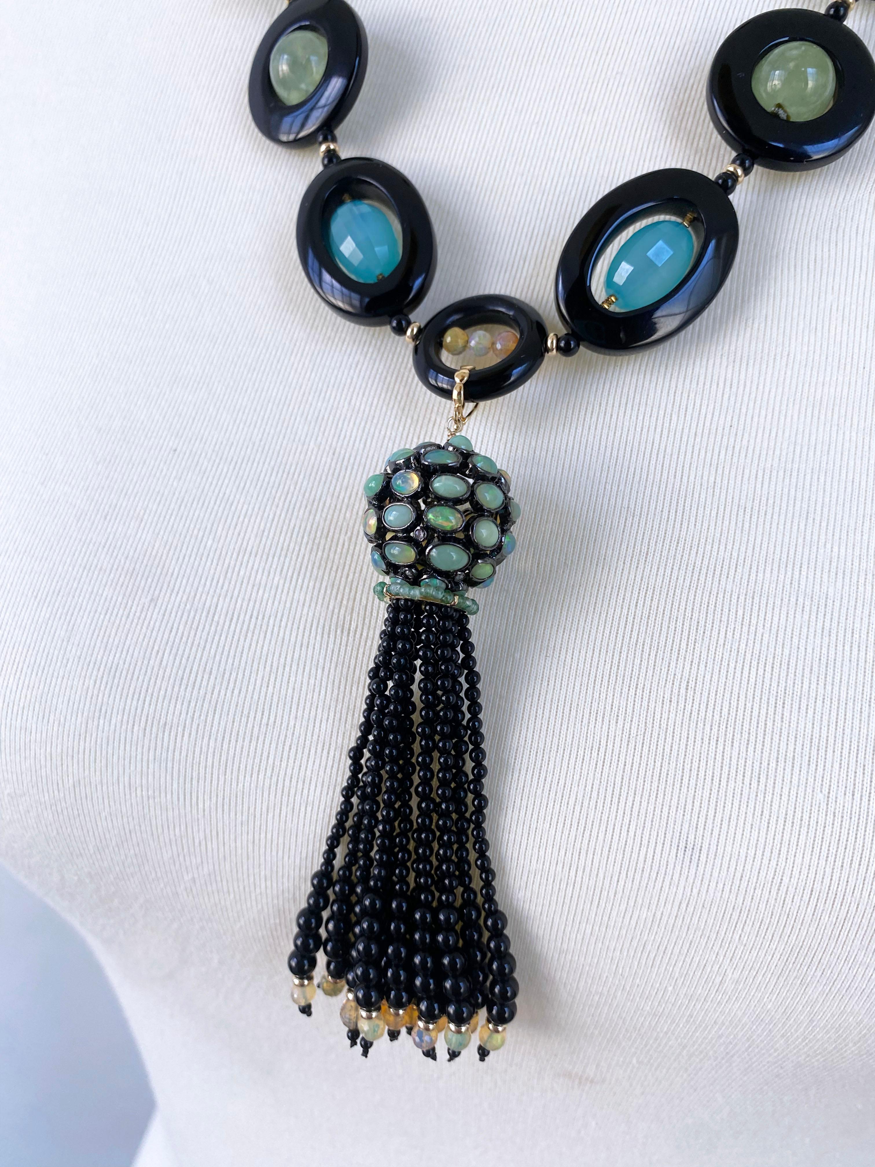 Bead Marina J. Unique Fire Opal, Onyx, Chalcedony & Solid 14k Gold Tassel Necklace For Sale