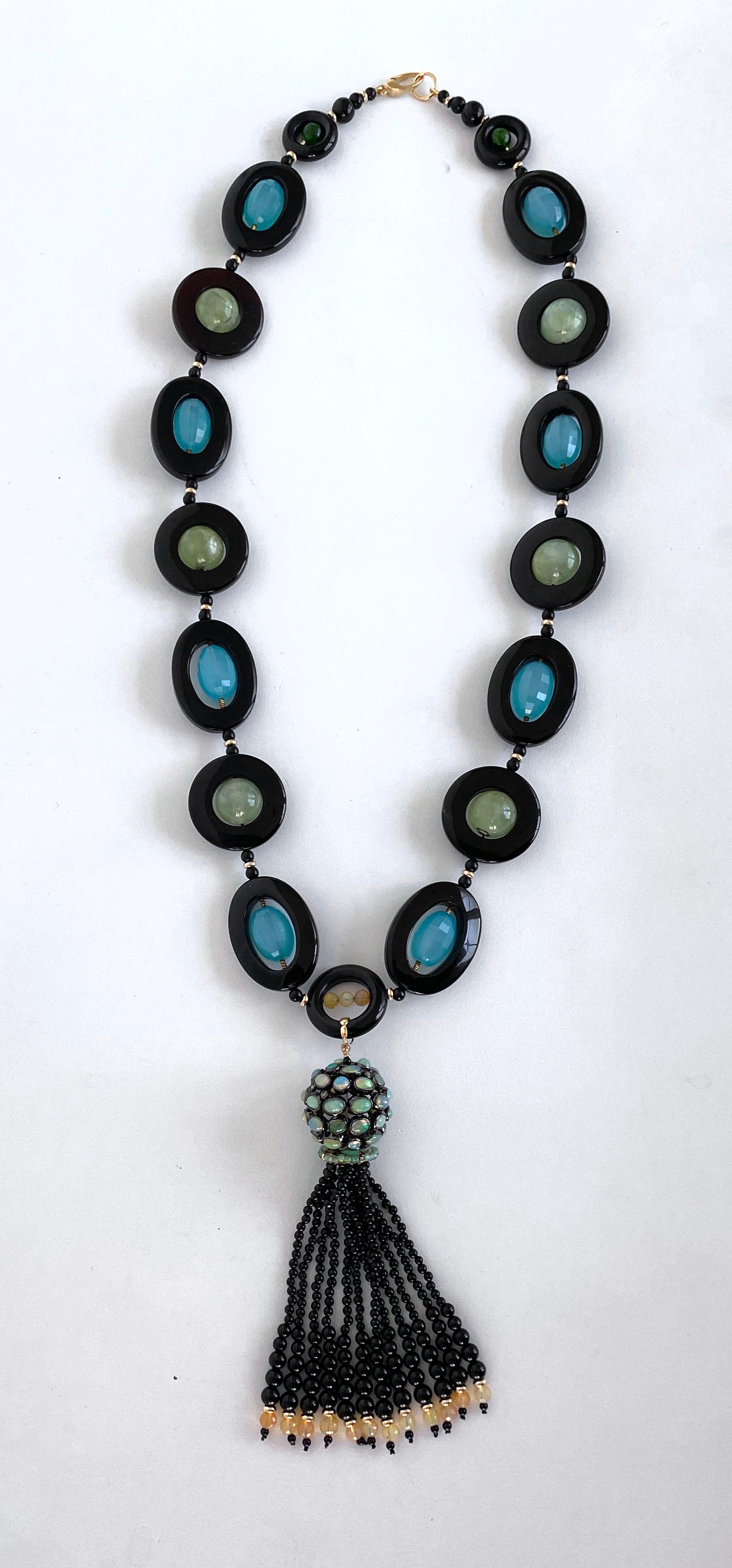 Women's Marina J. Unique Fire Opal, Onyx, Chalcedony & Solid 14k Gold Tassel Necklace For Sale