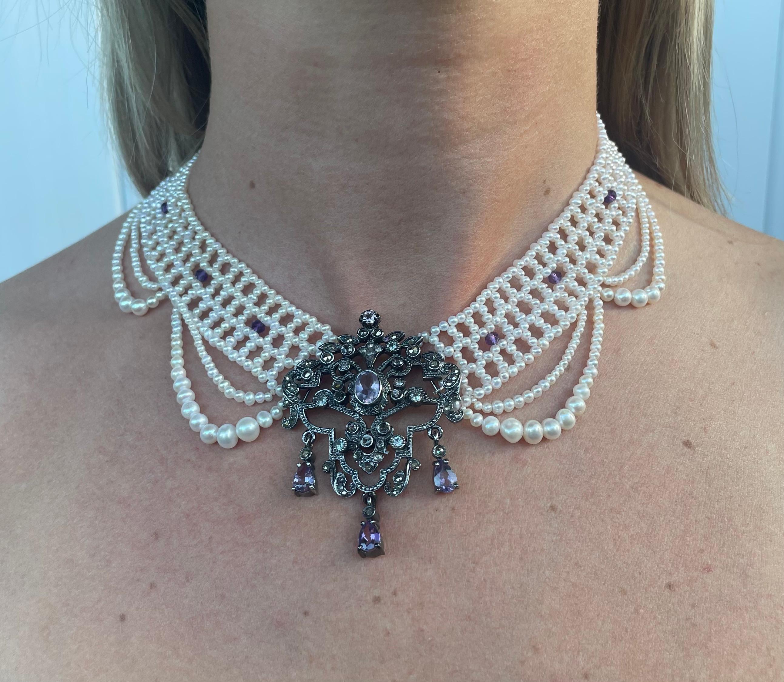 Marina J. Unique Pearl Drapierte Halskette mit Vintage Amethyst Silber Mittelstück (Perle) im Angebot