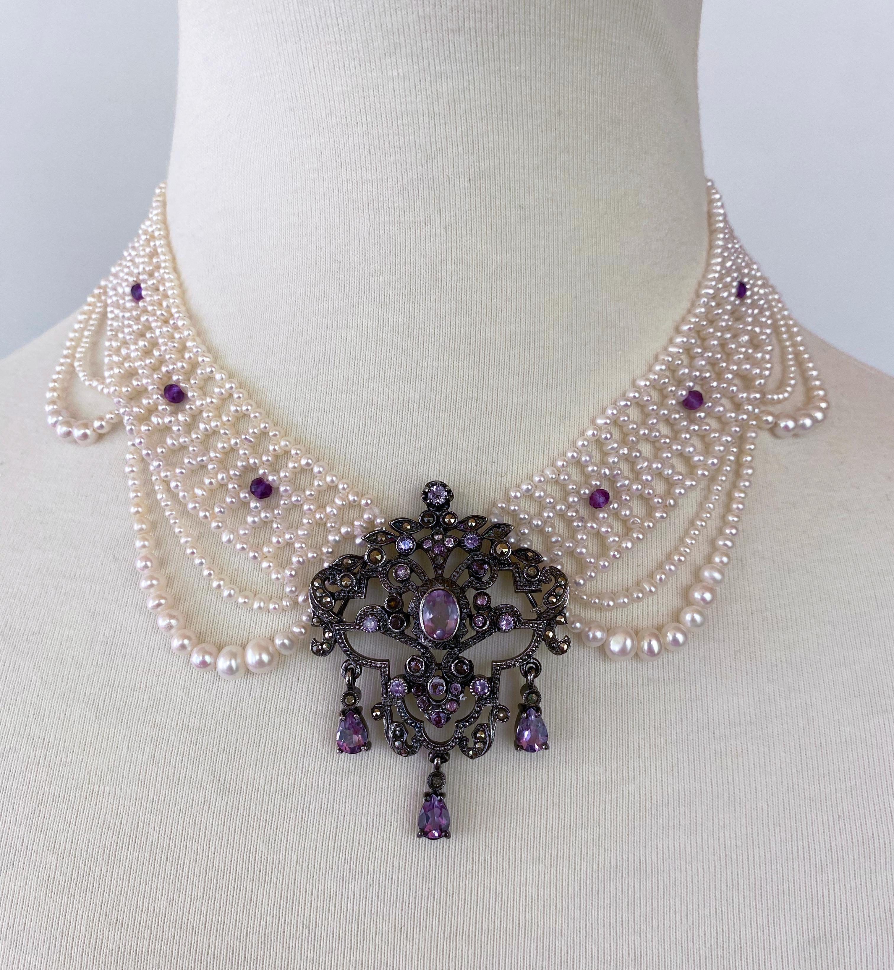 Gorgeous One of One Necklace by Marina J. This piece features a Vintage Victorian Inspired Silver Brooch with Amethyst and Crystal set within, reimagined into a  stunning Centerpiece. The Centerpiece gives amazing shine and is attached to a Cultured