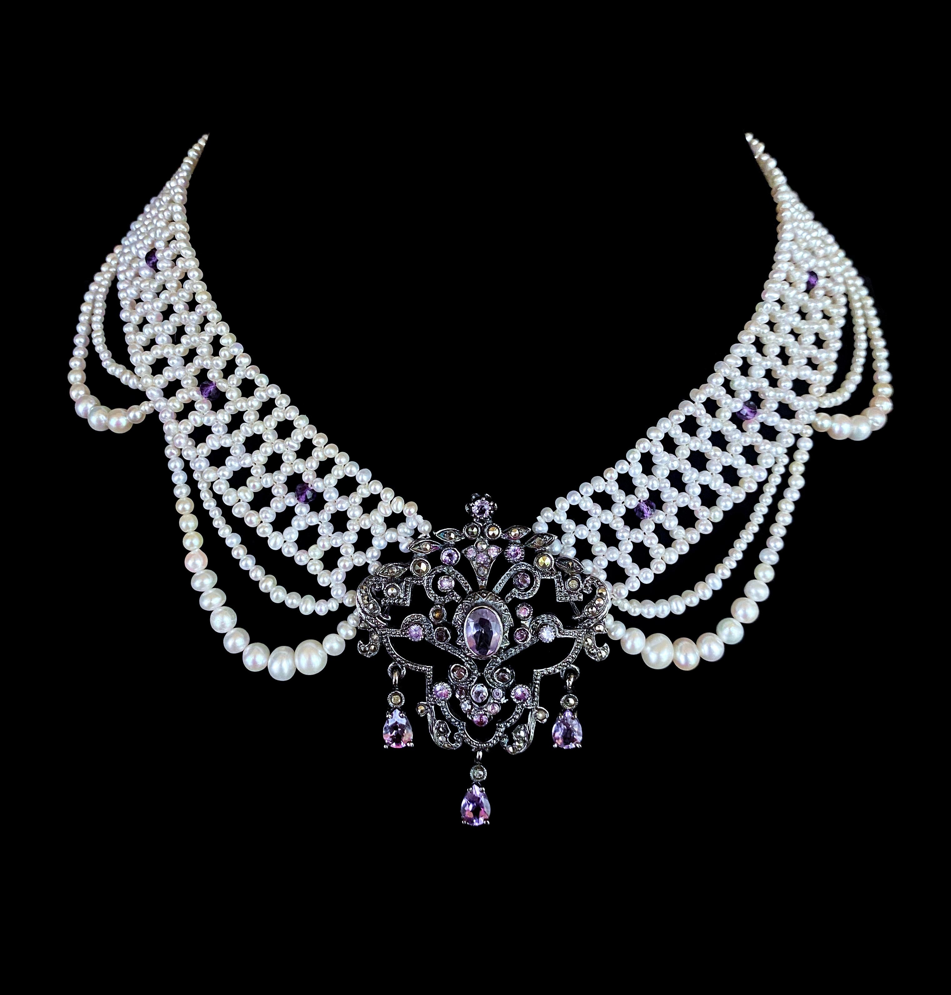 Victorian Marina J. Unique Pearl Draped Necklace with Vintage Amethyst Silver Centerpiece For Sale