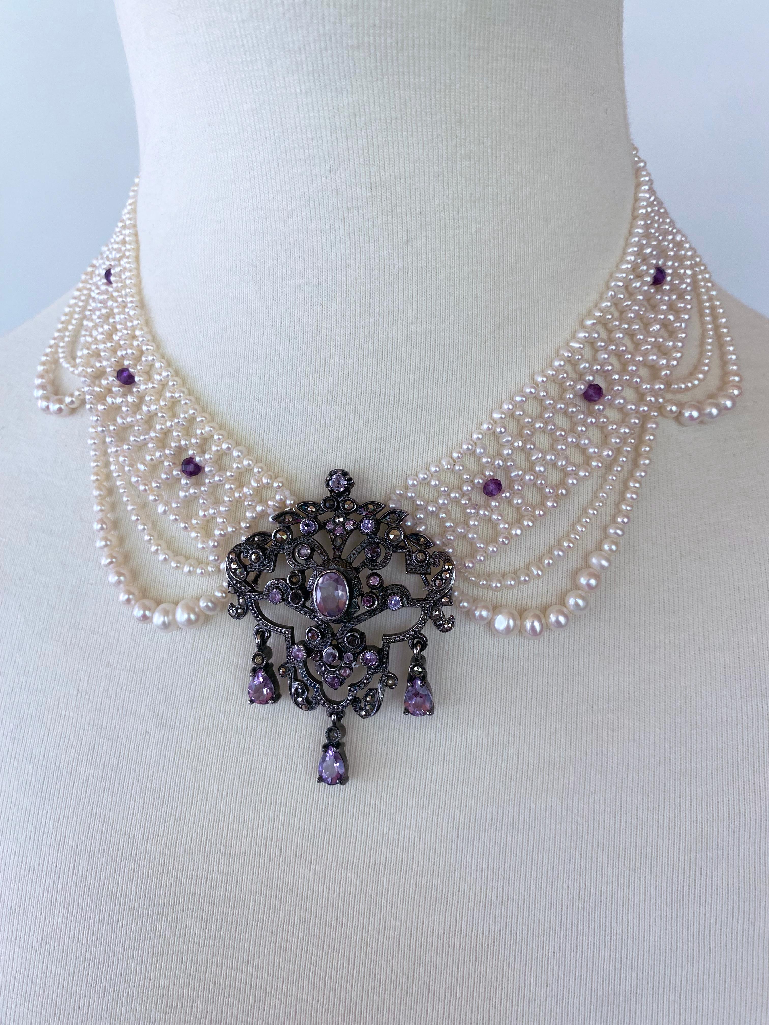Women's Marina J. Unique Pearl Draped Necklace with Vintage Amethyst Silver Centerpiece For Sale