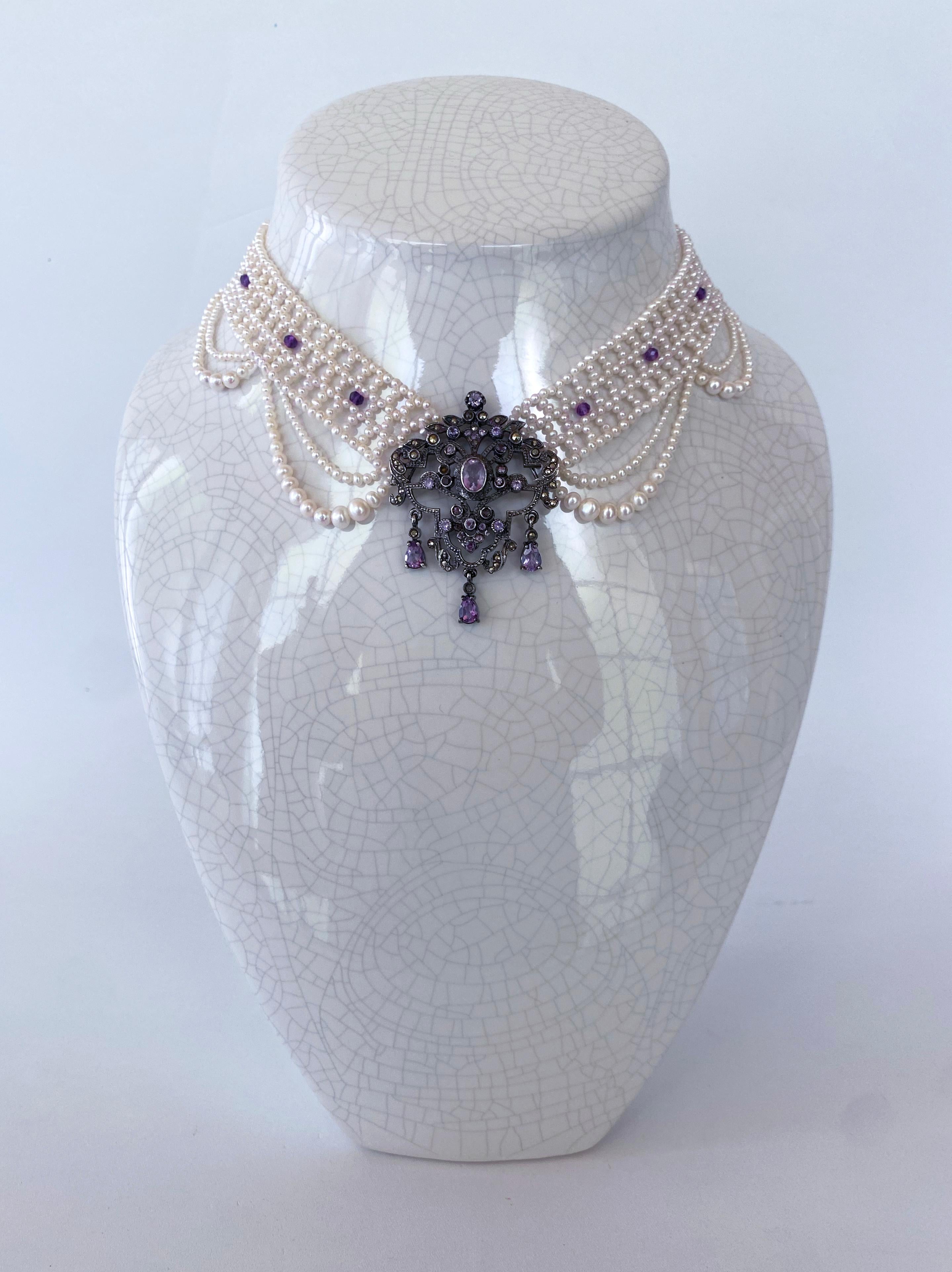 Marina J. Unique Pearl Draped Necklace with Vintage Amethyst Silver Centerpiece For Sale 1