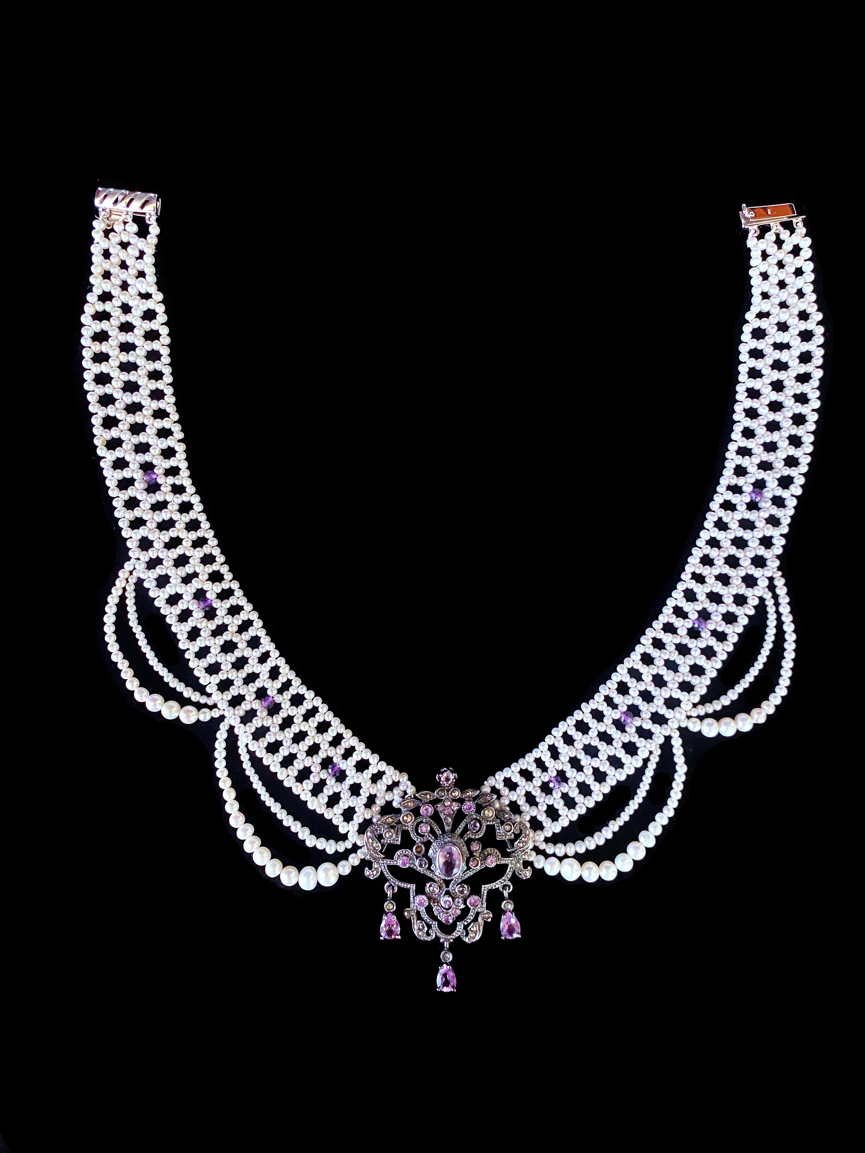 Marina J. Unique Pearl Draped Necklace with Vintage Amethyst Silver Centerpiece For Sale 2