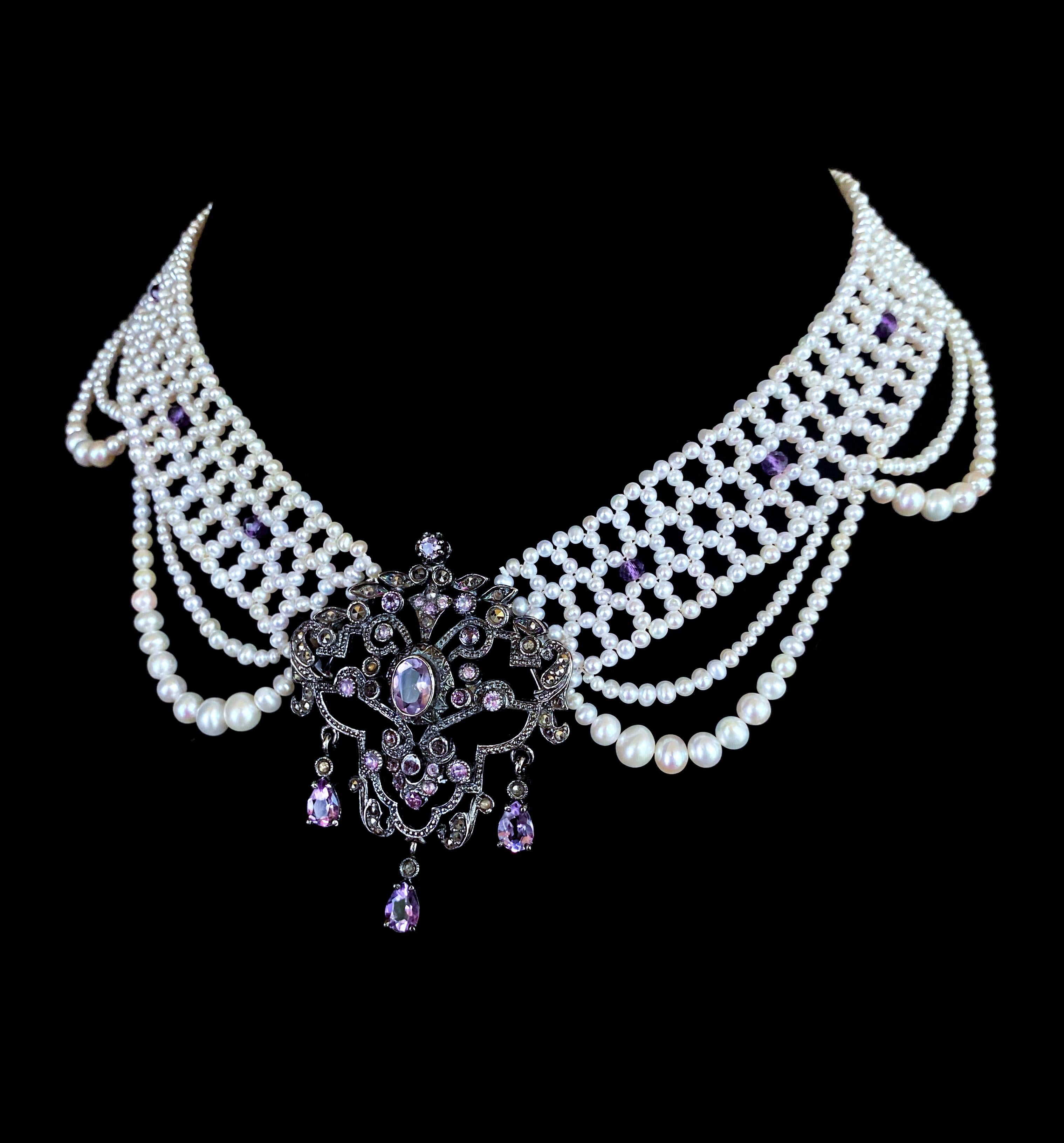 Marina J. Unique Pearl Draped Necklace with Vintage Amethyst Silver Centerpiece For Sale 3