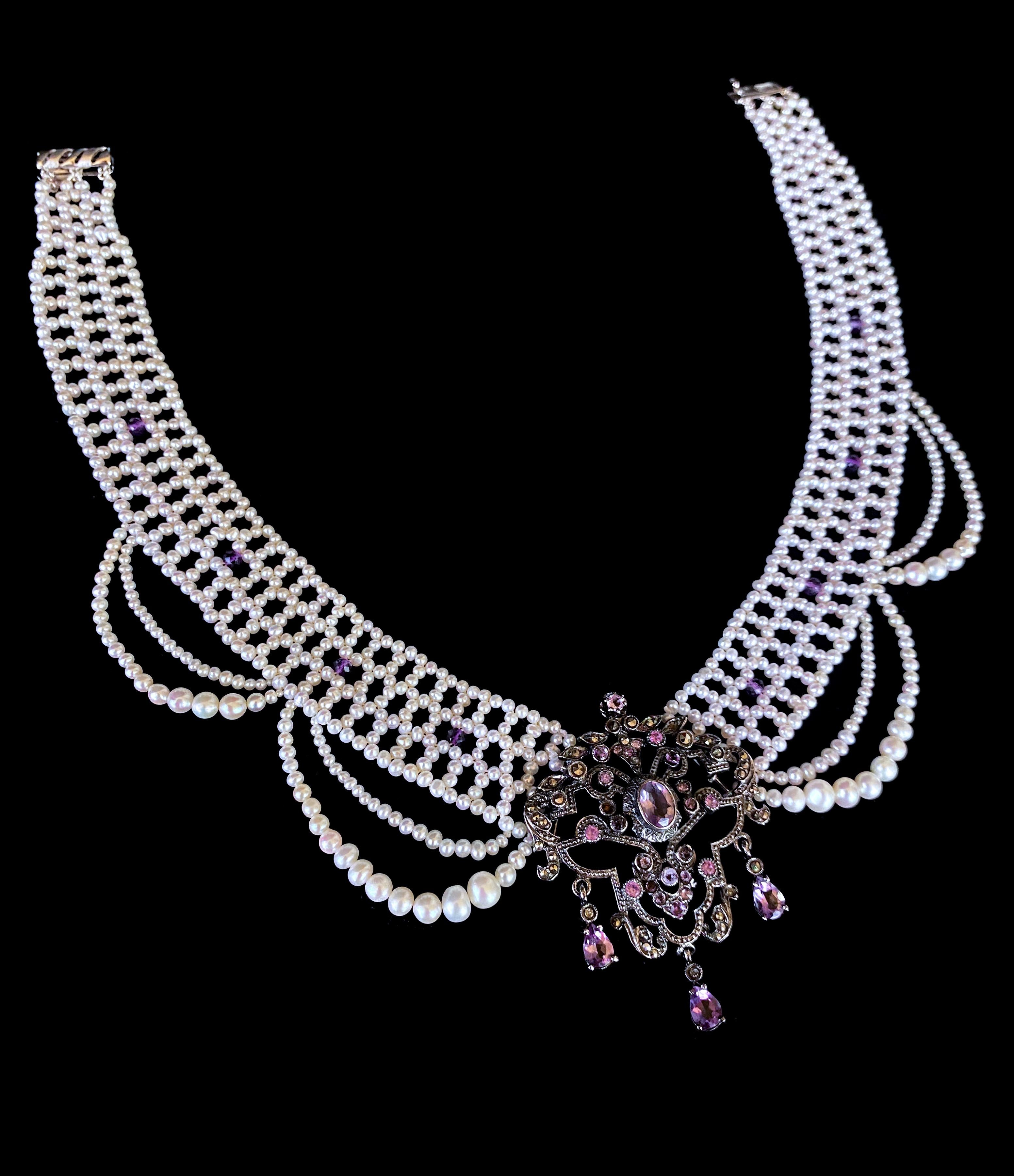 Marina J. Unique Pearl Draped Necklace with Vintage Amethyst Silver Centerpiece In New Condition For Sale In Los Angeles, CA