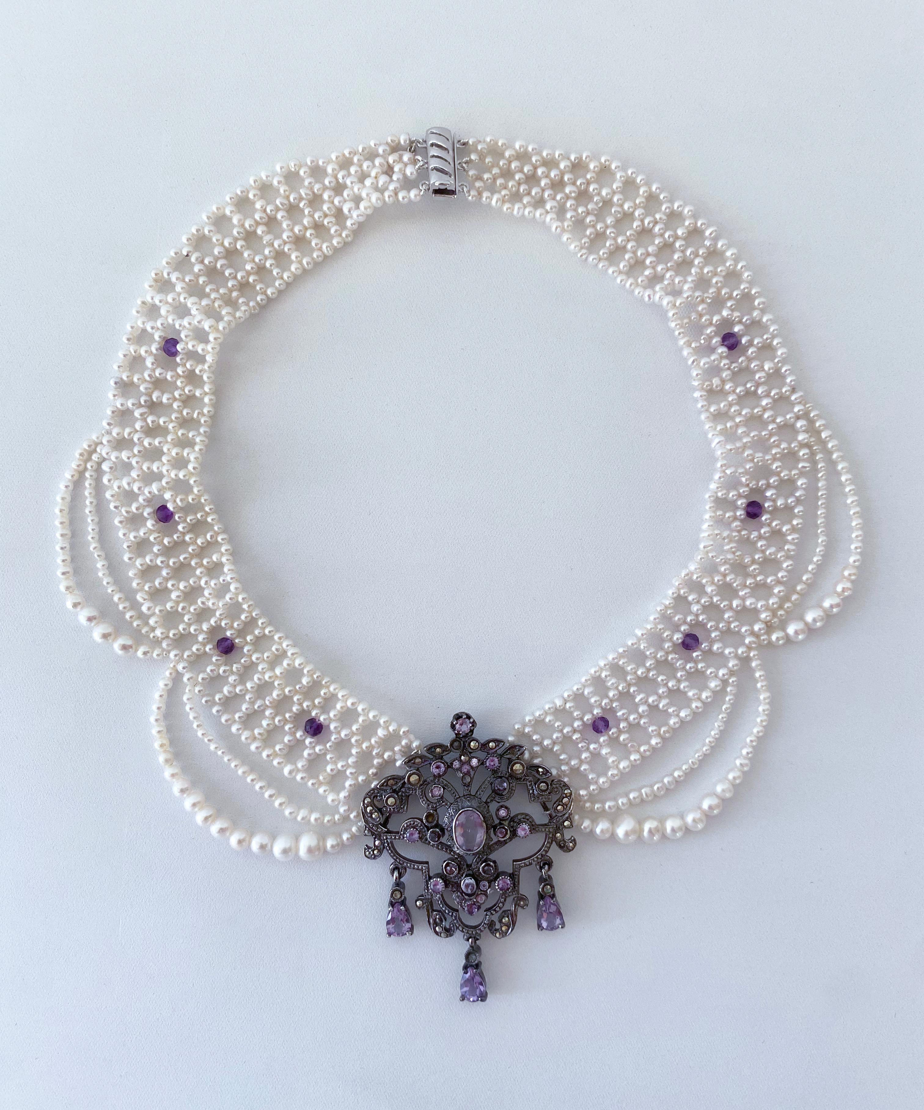 Marina J. Unique Pearl Draped Necklace with Vintage Amethyst Silver Centerpiece For Sale 4