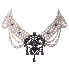 Marina J. Collar único drapeado de perlas con centro de plata amatista vintage