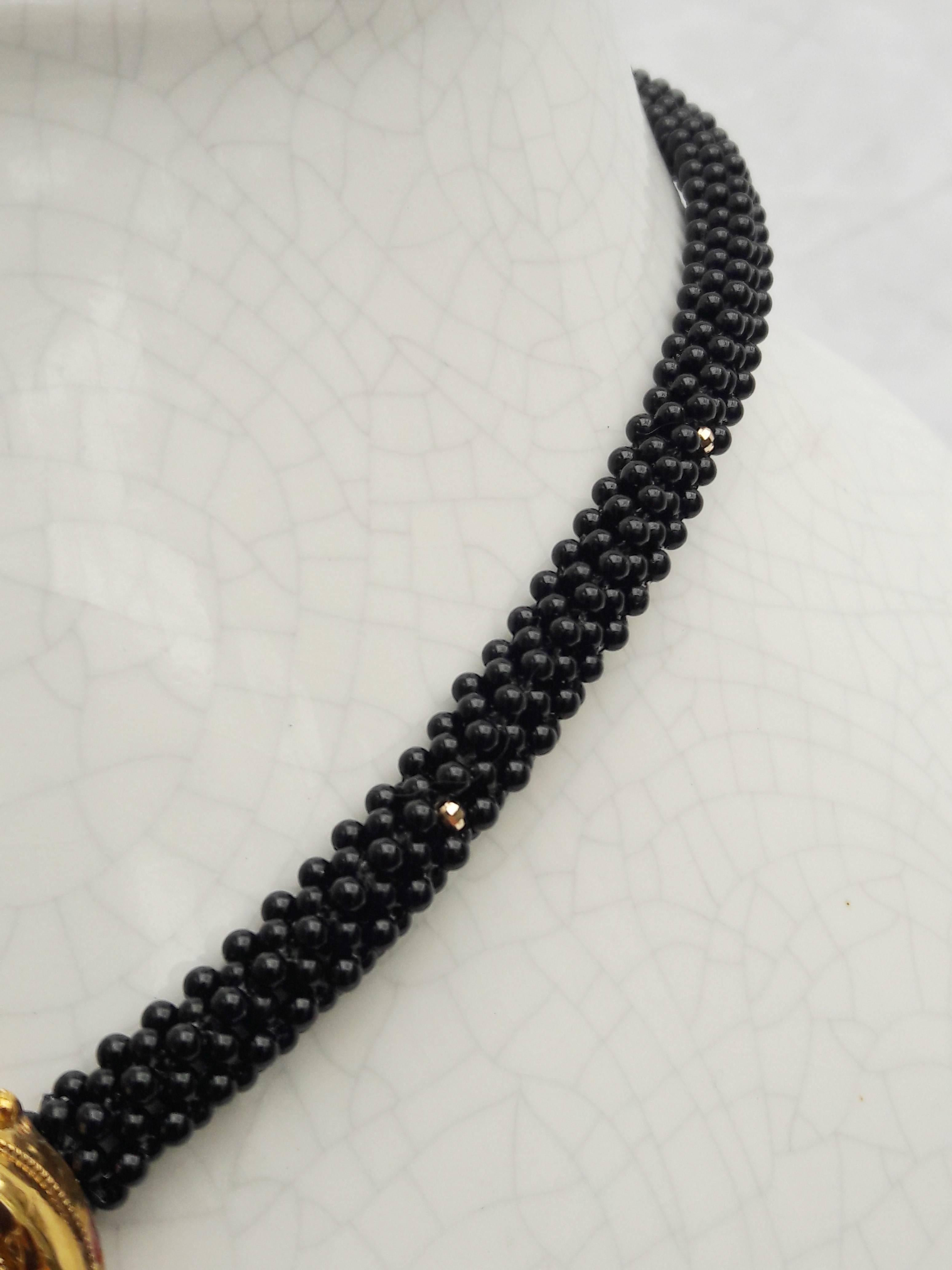 Artist Marina J. Unique Woven Black Onyx 3D Rope Necklace with Vintage Centerpiece